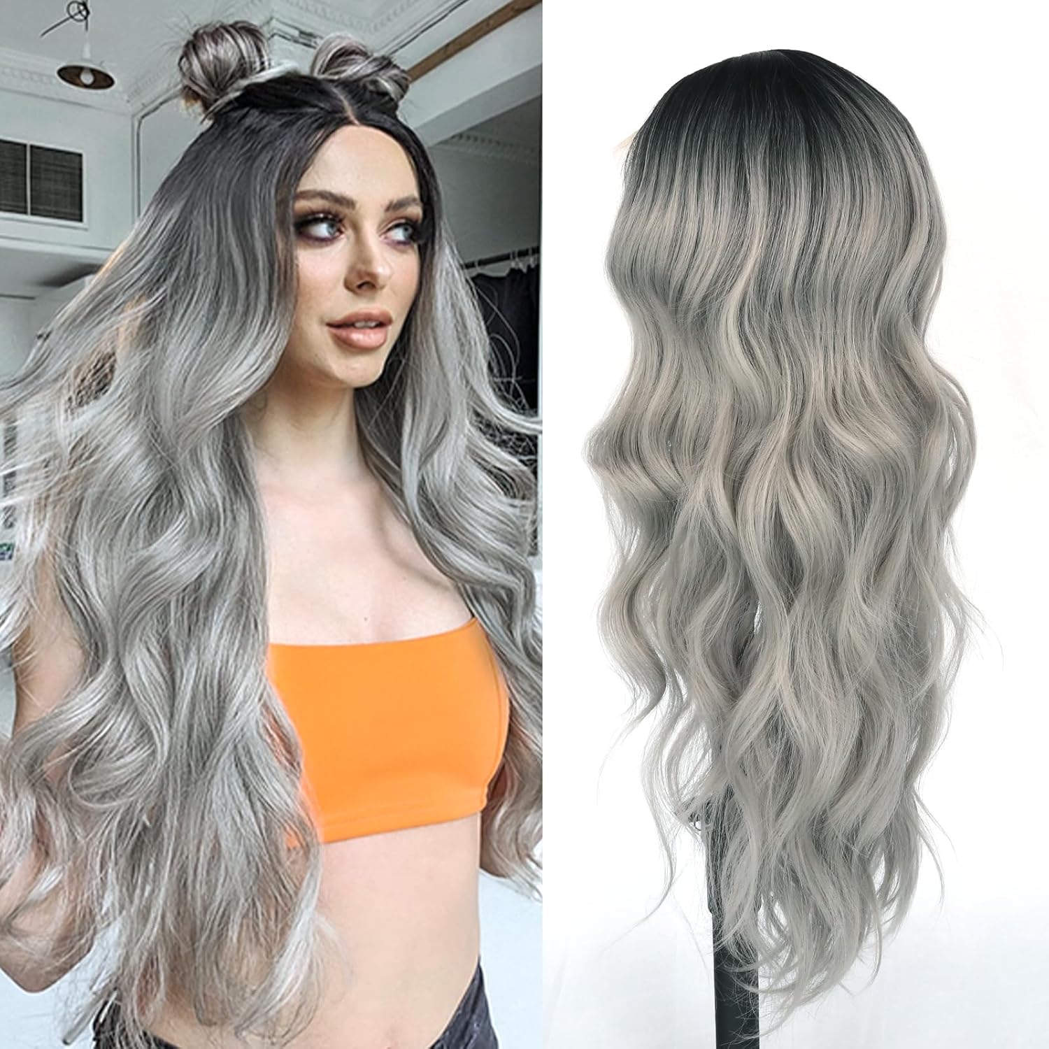 Ombre Gray Synthetic Lace Front Wigs Long Wave Wigs Natural Looking Glueless Synthetic Lace Wigs Heat Resistant Fiber Hair Ombre Silver Gray Wigs for Women Daily Use