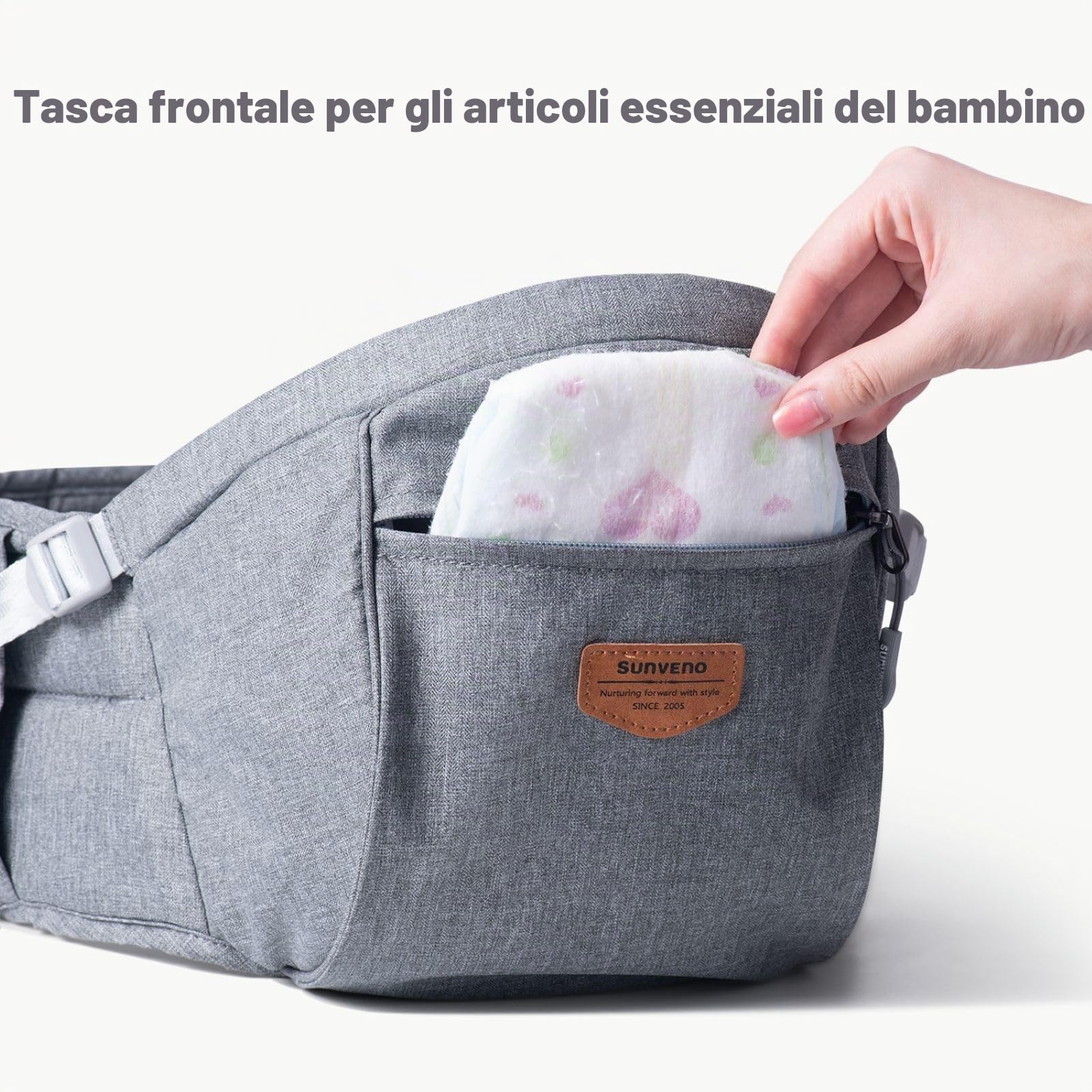 SUNVENO - Seggiolino ergonomico per bambini, con cintura regolabile e tasca, per bambini da 0 a 20 kg（Grigio）