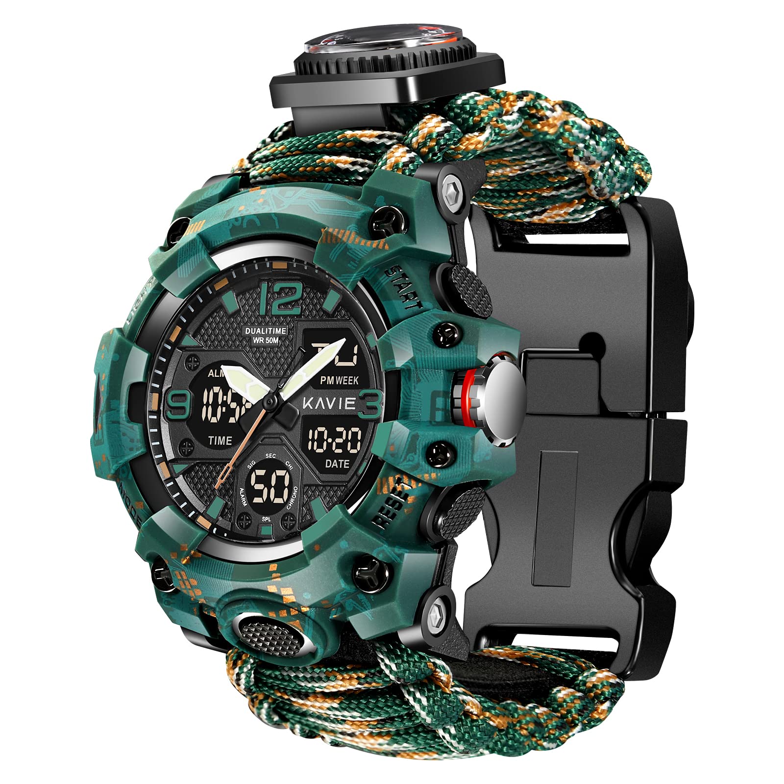 23-in-1 Survival Military Digital Watch, Mens Tactical Multi-Functional and Adjustable Wristband Outdoors Waterproof Sports Dual Dial Watches with Compass Paracord Band