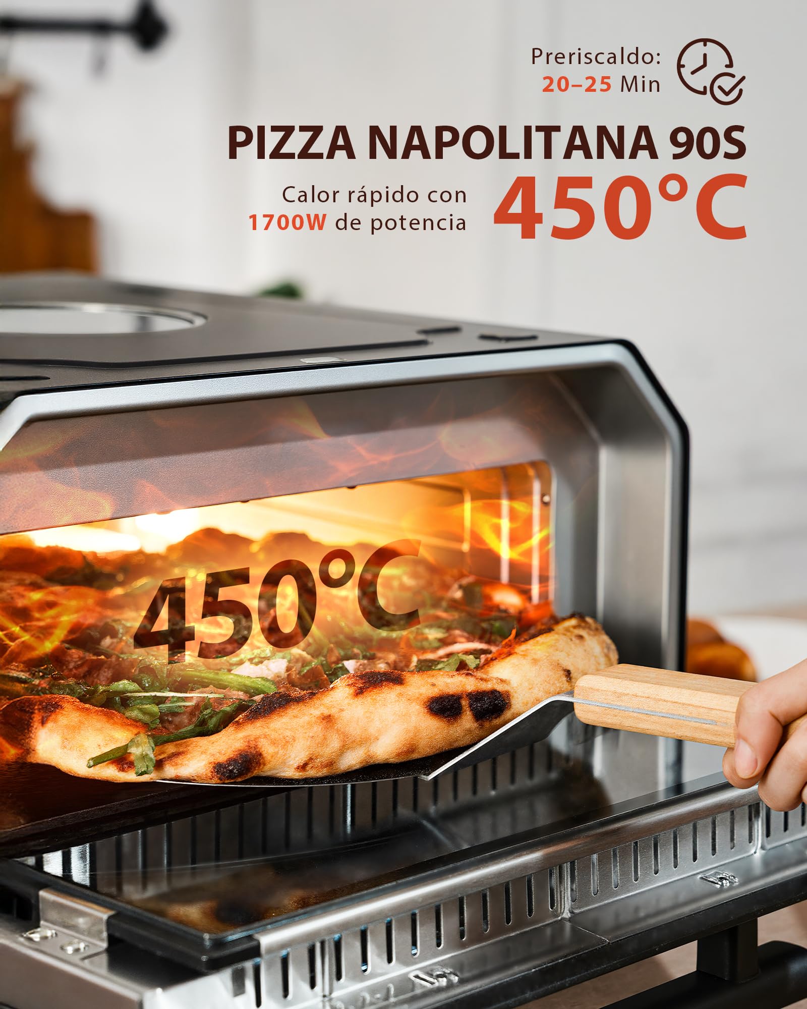 Forno per pizza elettrico 450 °C – pizza napoletana in 90 secondi, finestra e illuminazione interna, 13 programmi (6 pizze + 6 cucinare + professionali), 14,6 l, grande pala per pizza e pietra