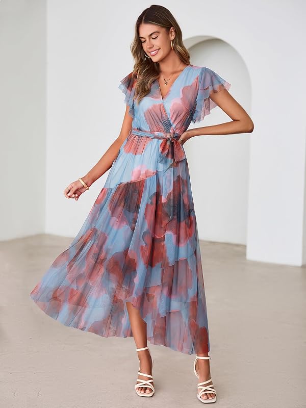 Simplee Womens Summer Floral Boho Maxi Dress 2026 Flutter Sleeve Print Ruffle Mesh Midi Vacation Wedding Guest Dress(Blue Red L) by Simplee - Used condition - Image 4