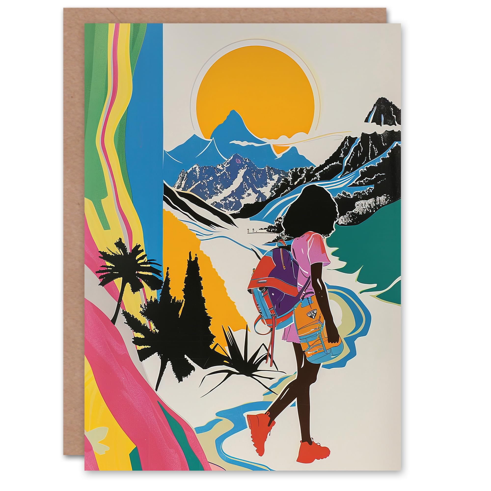 Artery8 Hiker Bright Sun Mountains Abstract Colourful Greeting Birthday Card Him Her All Blank
