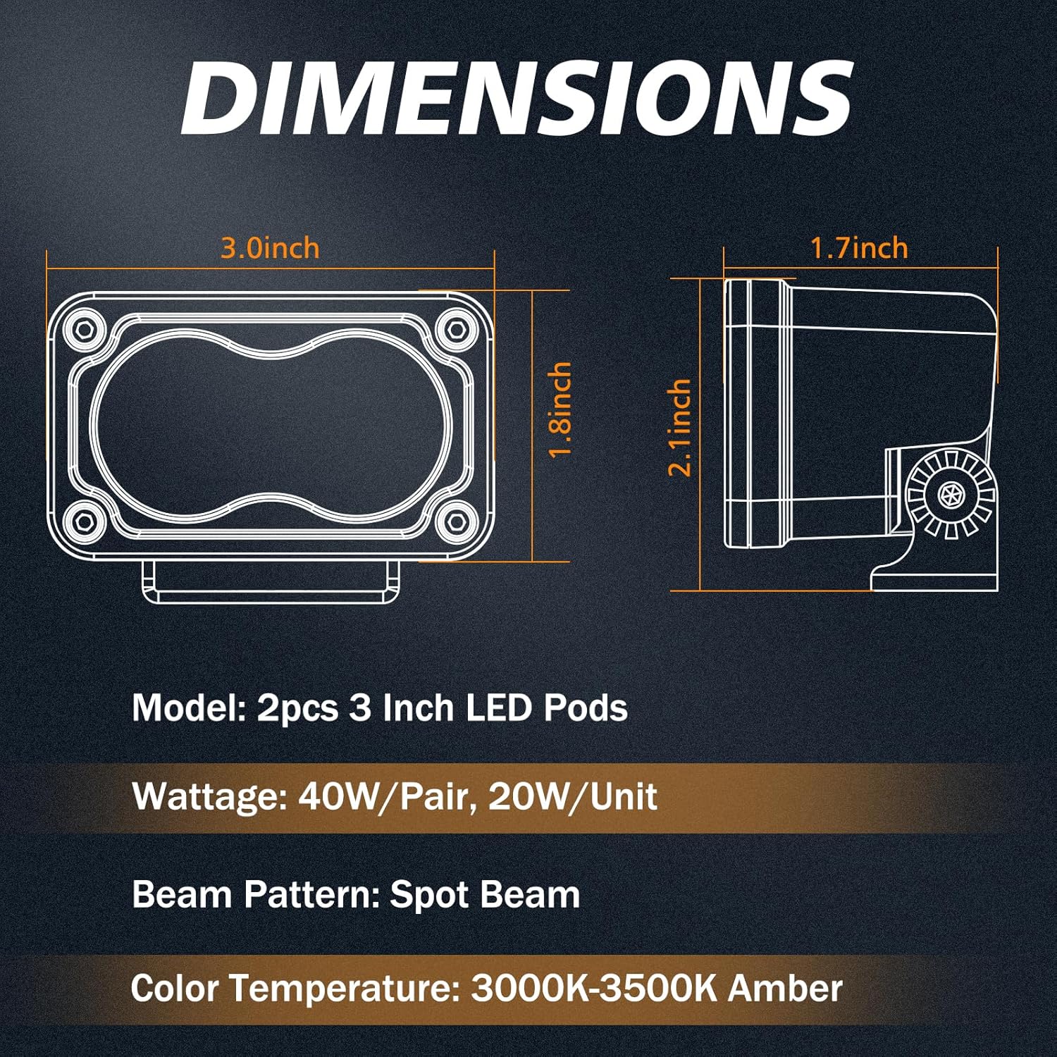 Amber LED Pods, 3 Inch 40W Fog Lights Spot Beam Chase Light Small LED Pods Lights Auxilary Light for Motorcycle Truck UTV SUV ATV Dirt Bike Boat-2 Packs