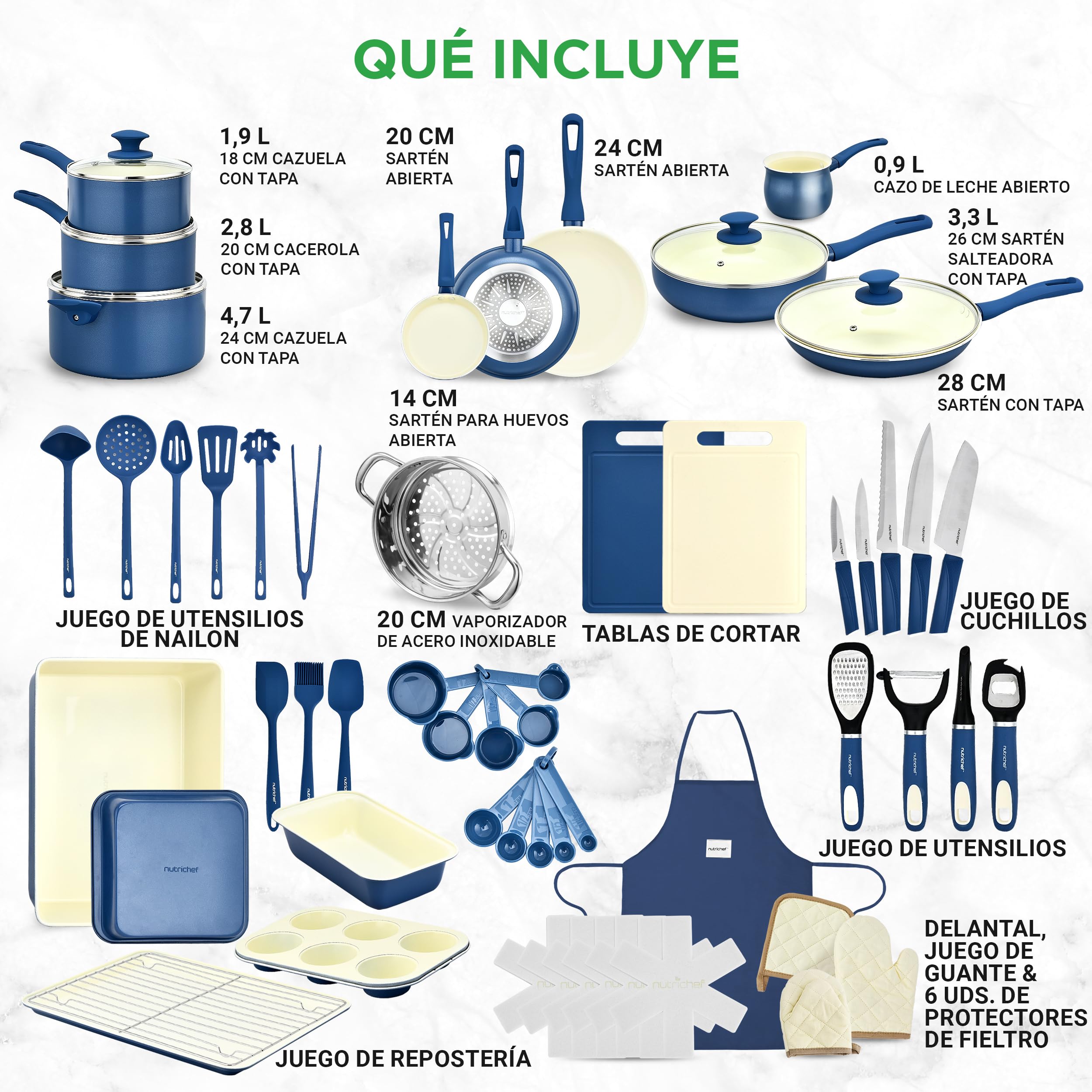 NutriChef set completo de cocina de 54 piezas, cerámica antiadherente, apto para inducción