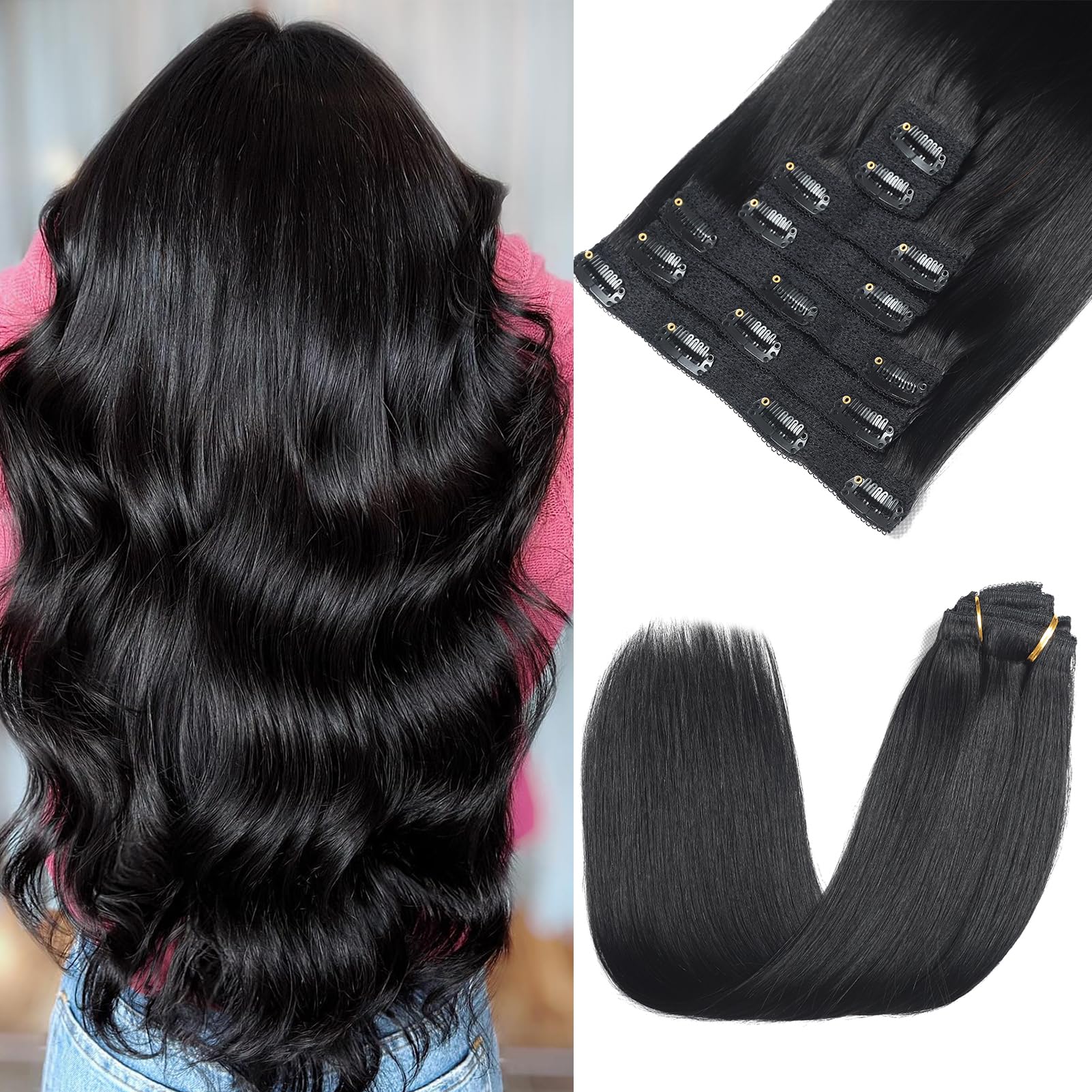 Rimoss Clip in Hair Extensions Real Human Hair - 12 Inch 7pcs, Jet Black - Soft Remy Hair Extensions Real Human Hair Clip ins Double Weft Straight for