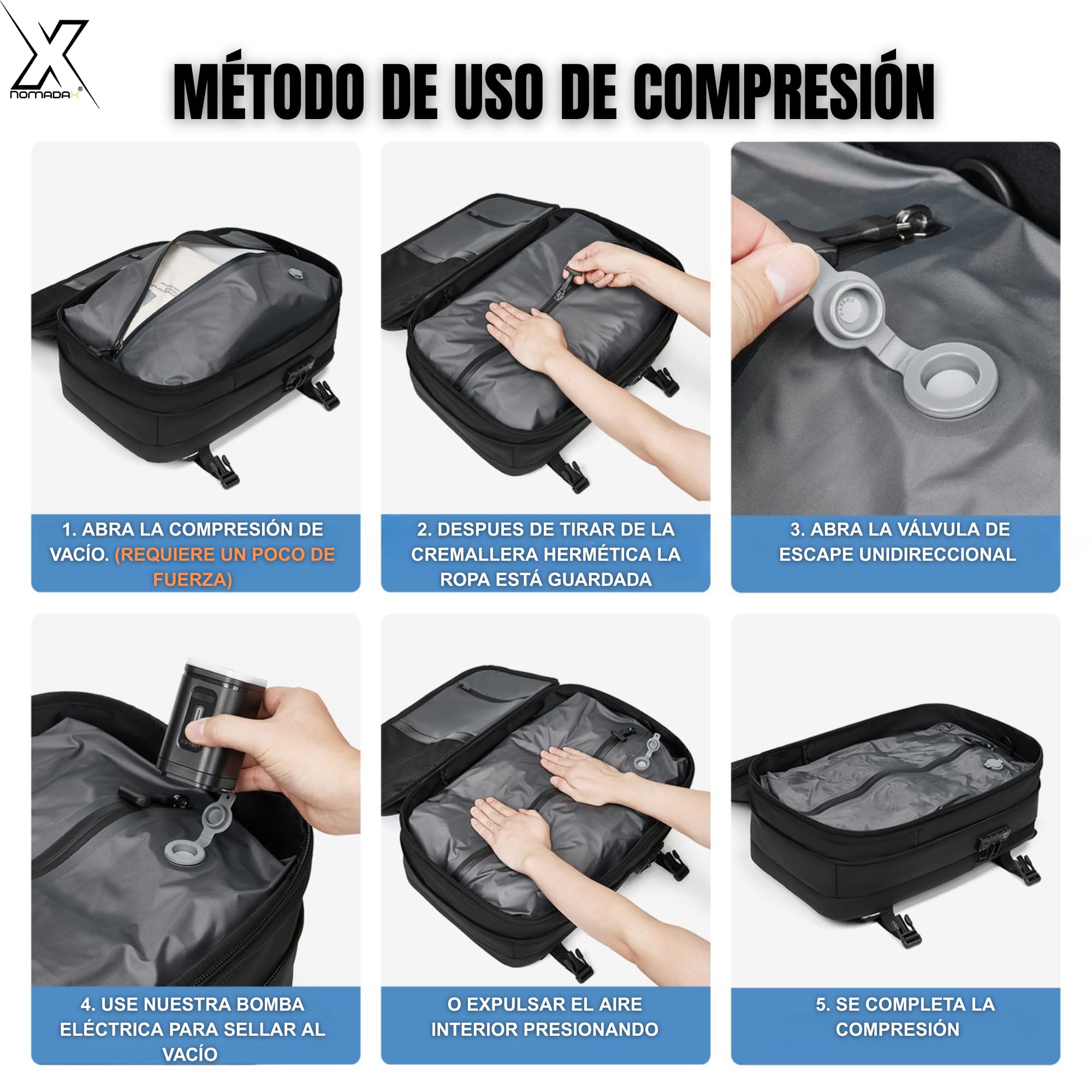 Mochila de Viaje Cabina 49x32x15 con Compresión al Vacío y Mini Bomba, Candado TSA, Portátil 17,3", Impermeable – Apta Ryanair y Vueling (Hombre y Mujer)