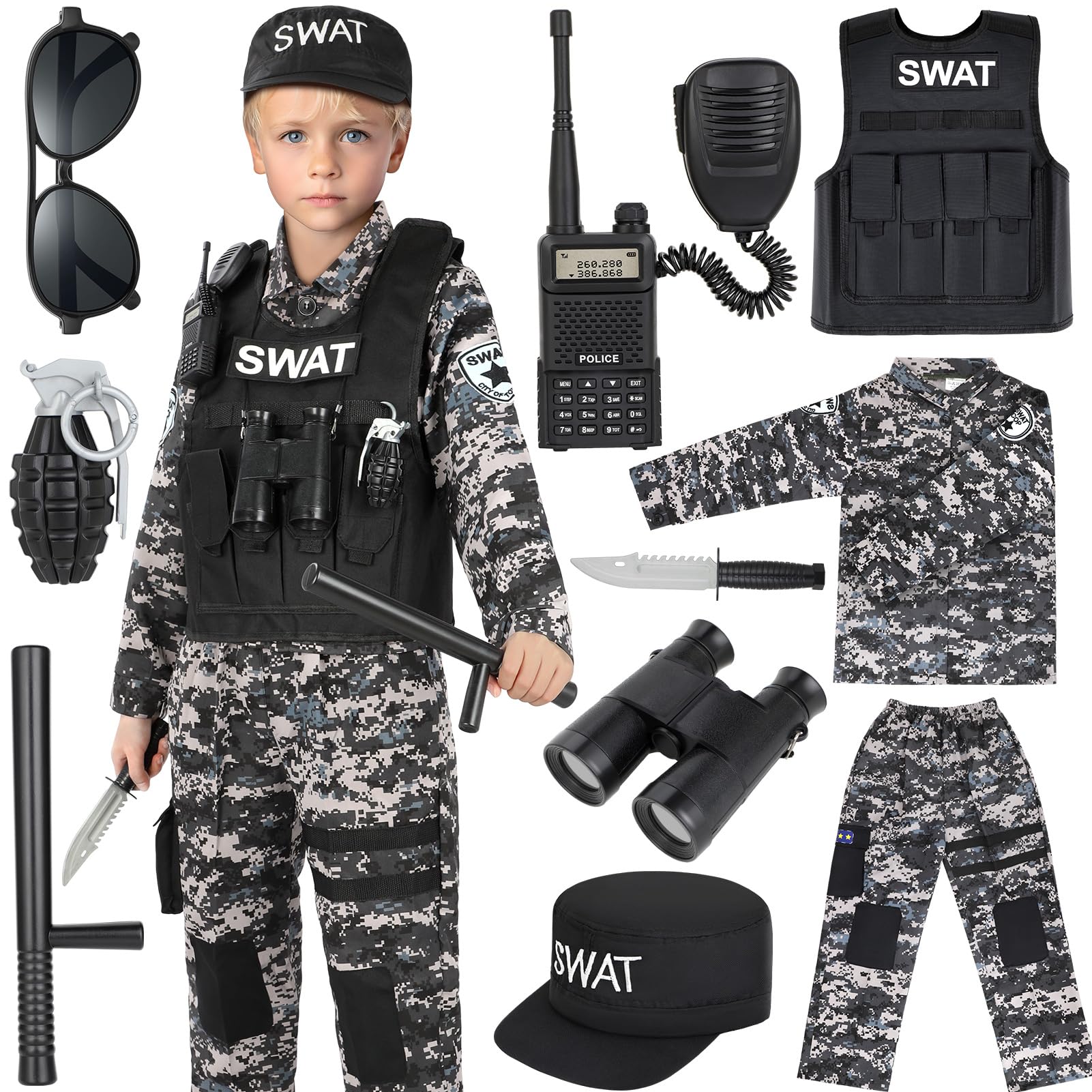 Luucio SWAT Police Costume for Kids, Kids Police Costume for Boys with SWAT Vest, Halloween Gifts for Boys 3-12