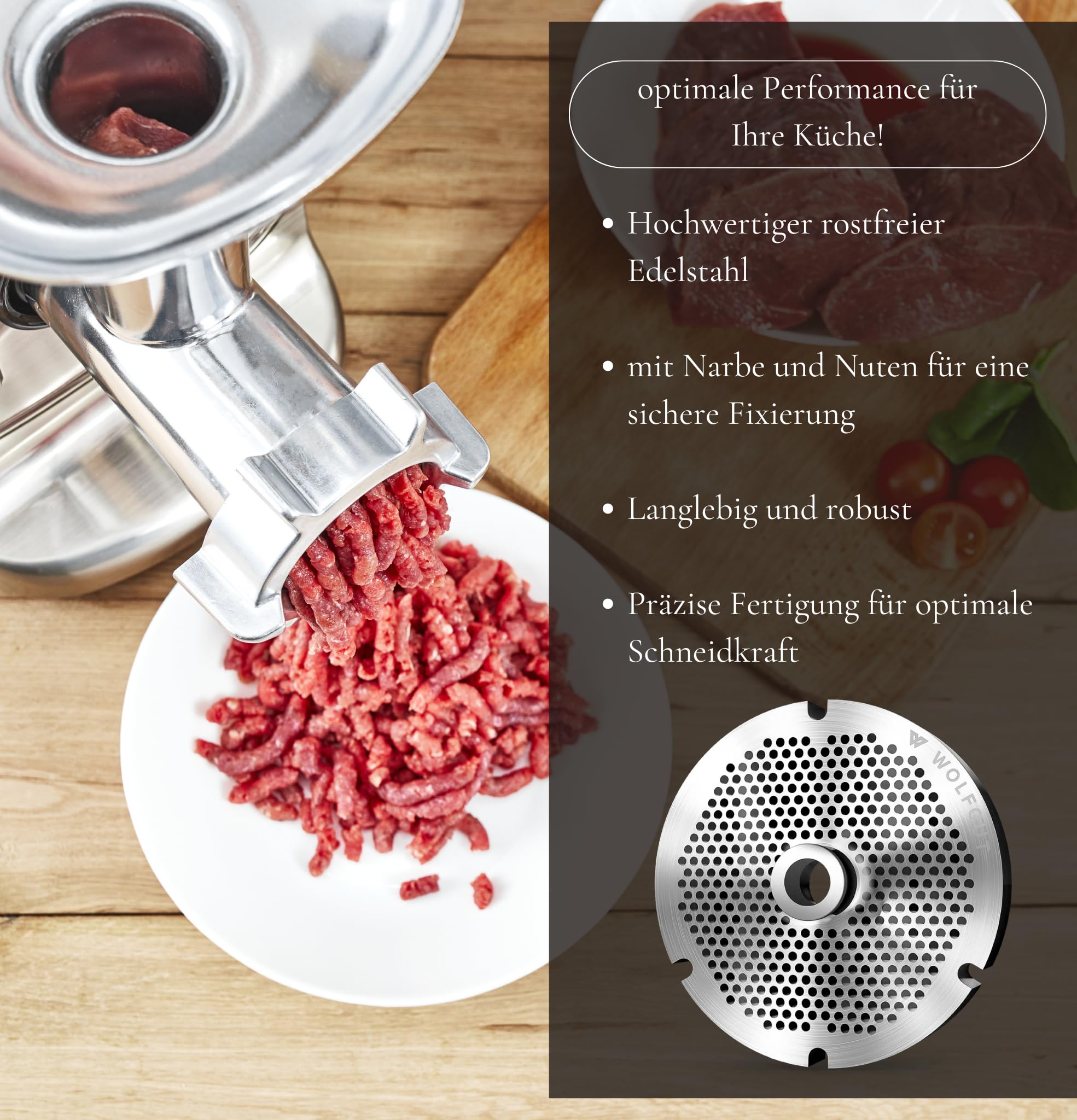 Wolfcut Inox Longlife - Disco perforado con buje y 2 ranuras, tamaño 22-14,0 mm, compatible con picadora de carne tamaño 22 | acero inoxidable