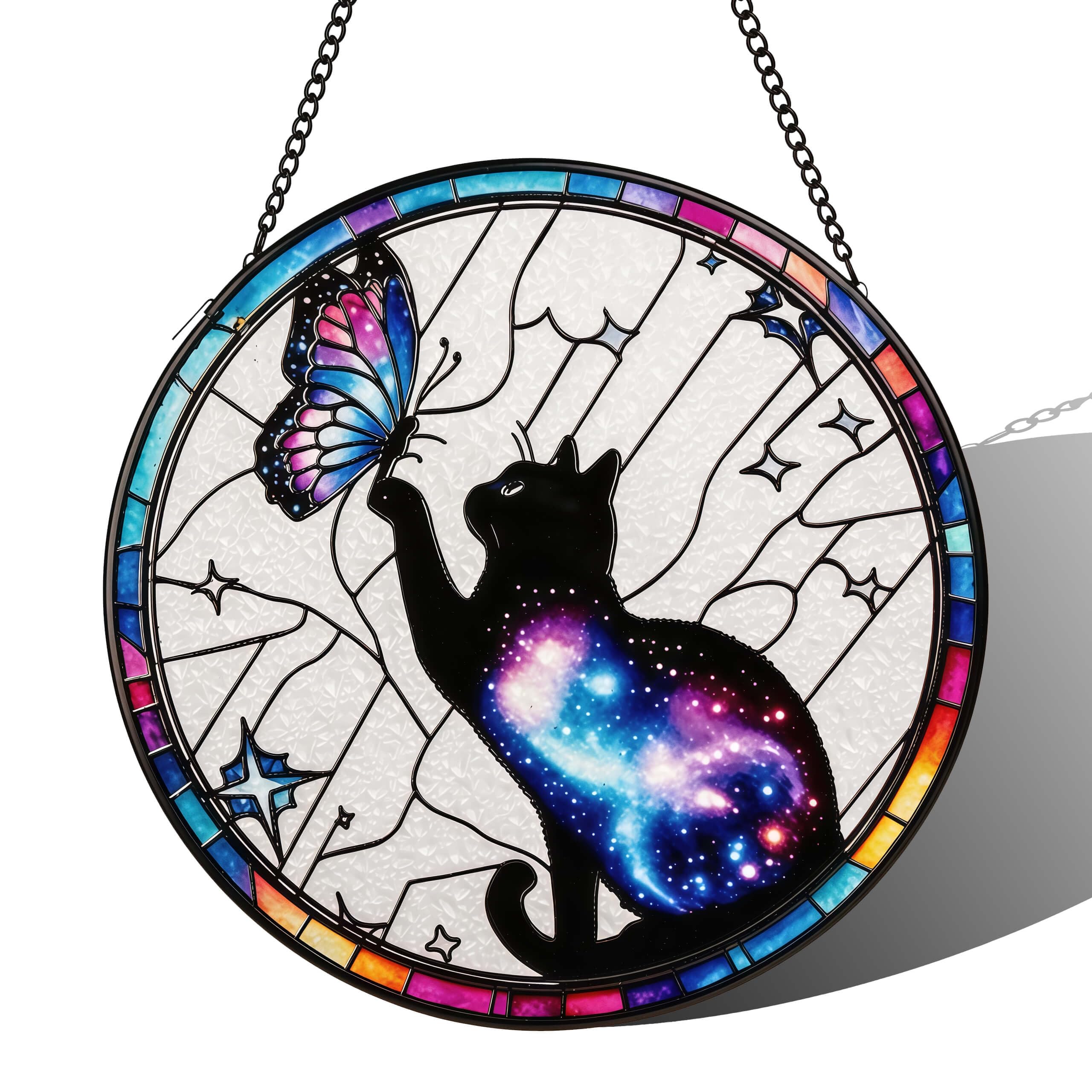 Stained Acrylic Puzzle Suncatcher,7.48in Cat and Butterfly Whimsical Home Garden Decor