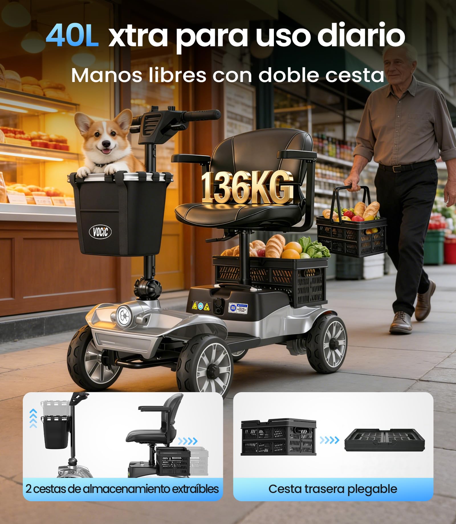 VOCIC D35 Scooter eléctrico Plegable 35km, Doble Cesta 40L, Capacidad 136kg | ruedas de 20 cm, asiento ergonómico ajustable, batería extraíble, ideal para personas mayores (Gris Plateado)
