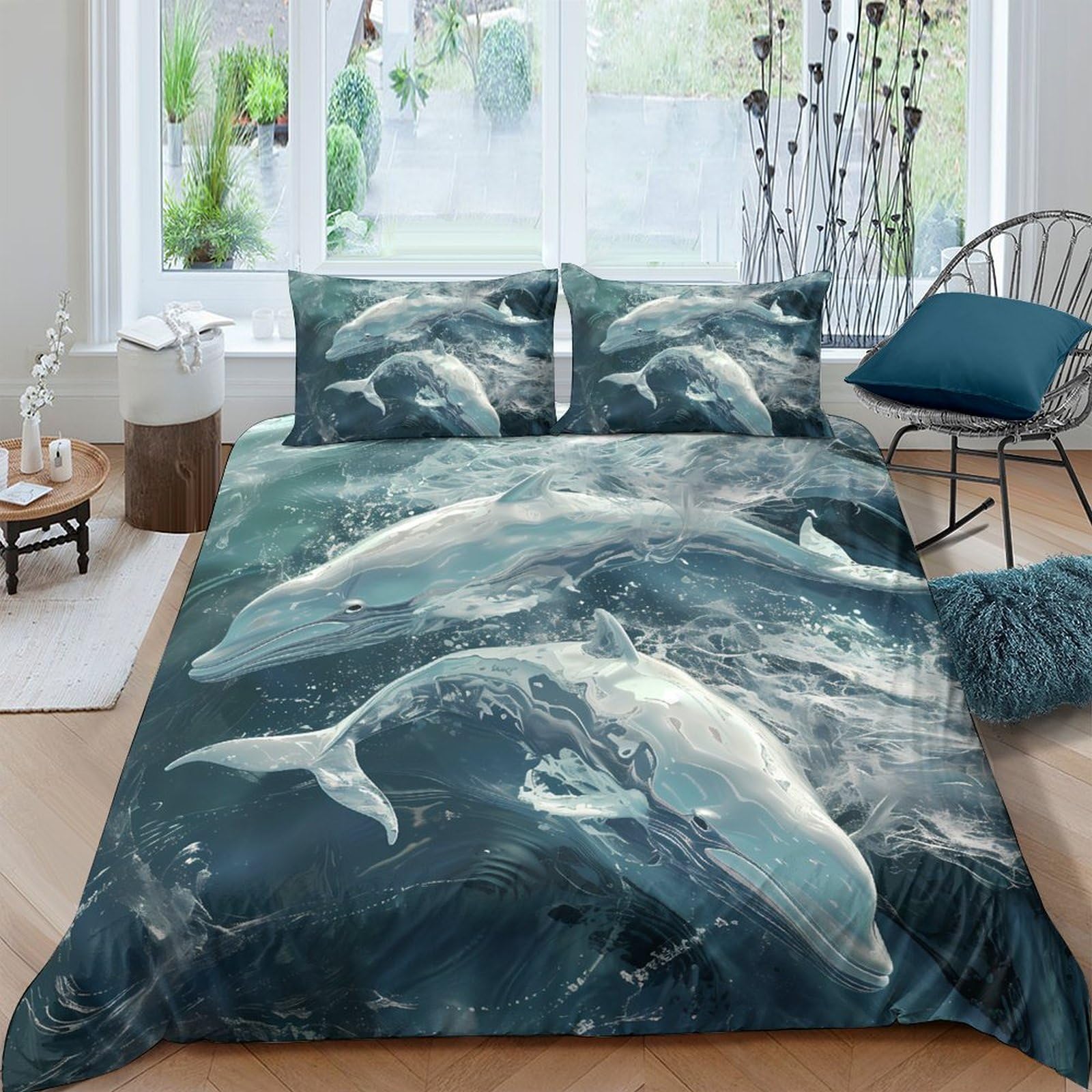 Ctjqhvkz Style-3 3D Printed Ocean Dolphin Fitted Sheet Microfiber Soft Blue Sea Wave Mattress Cover For Bedroom Dorm Decor Mattress Protection Single（135X200cm）