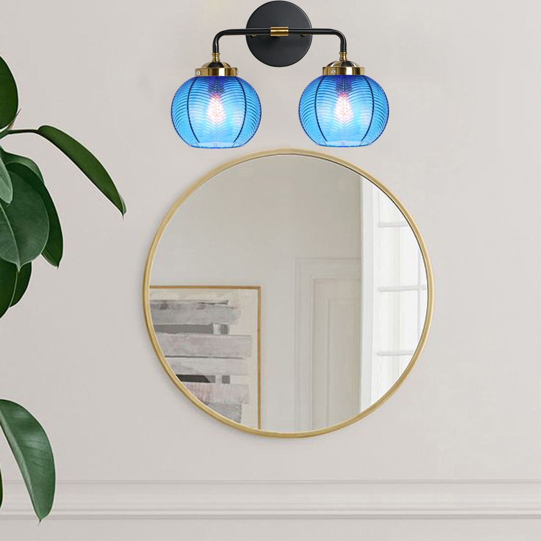 Image of Bathroom Light fixtures Over Mirror Mid Century Vanity Light with Blue Ribbed Glass Shade Globe Wall Sconce 2-Lights Modern Vanity Lights for Dining Room Bedroom Hallway Overhead