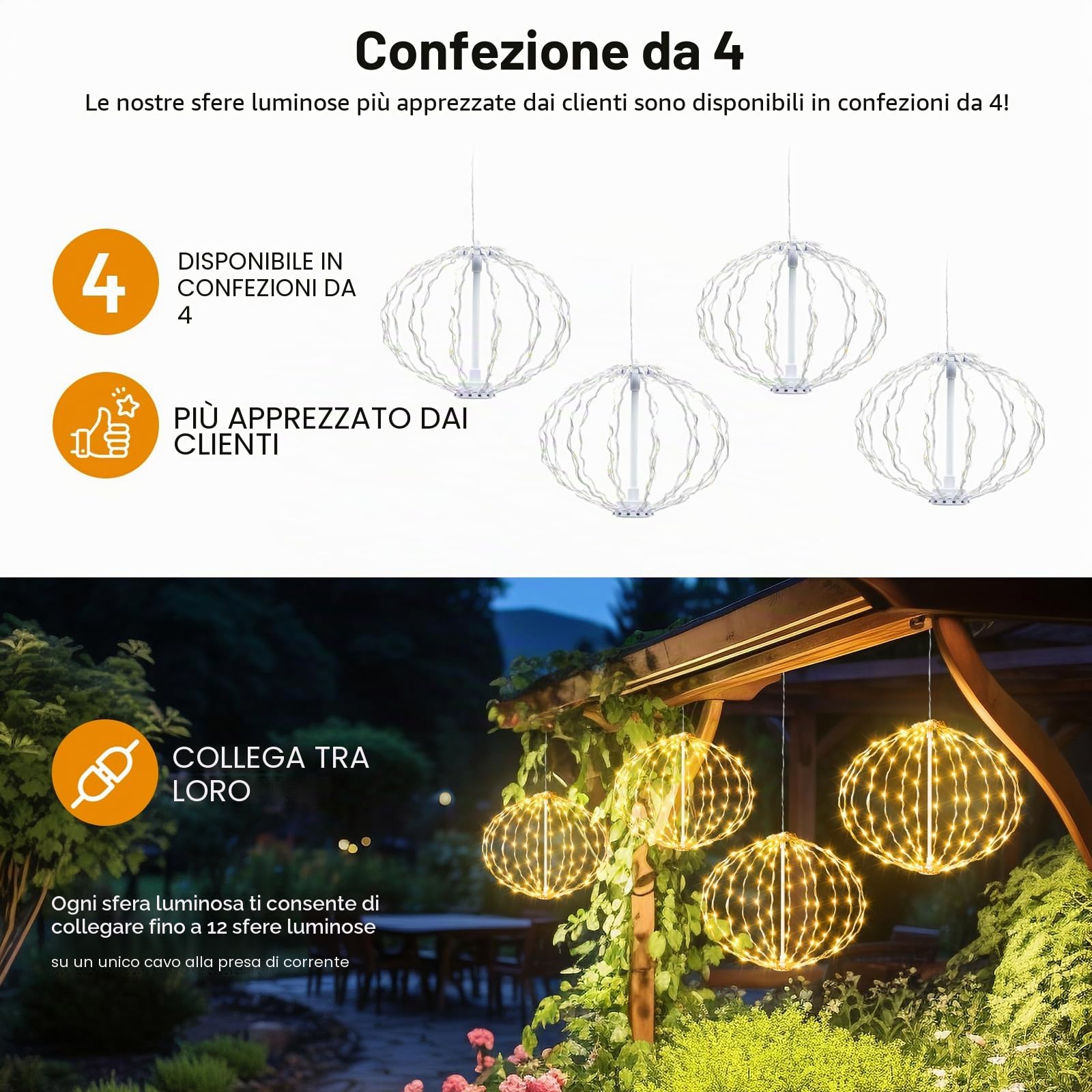 Auting Catena Luci Natale Sfere LED 4 Pezzi Timer 8 Modalità | Sfere sospese bianco caldo allungabili per grondaia balcone giardino e decorazione interna esterna