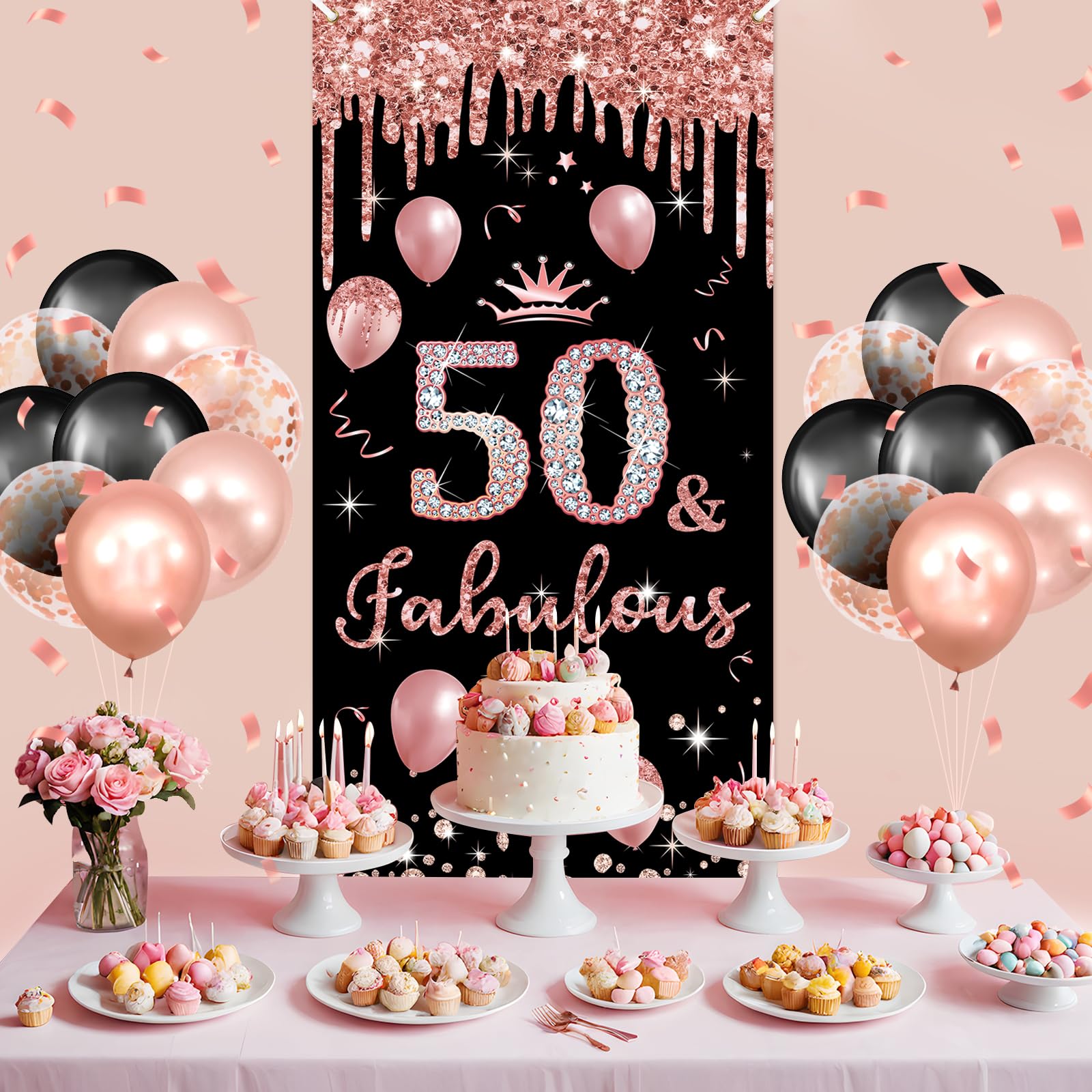 Rose Gold 50 And Fabulous Door Sign For Birthday Decorations - Pink Happy Sweet 50th Birthday Banner, Porch Sign, Door Hanger For Women - Party...