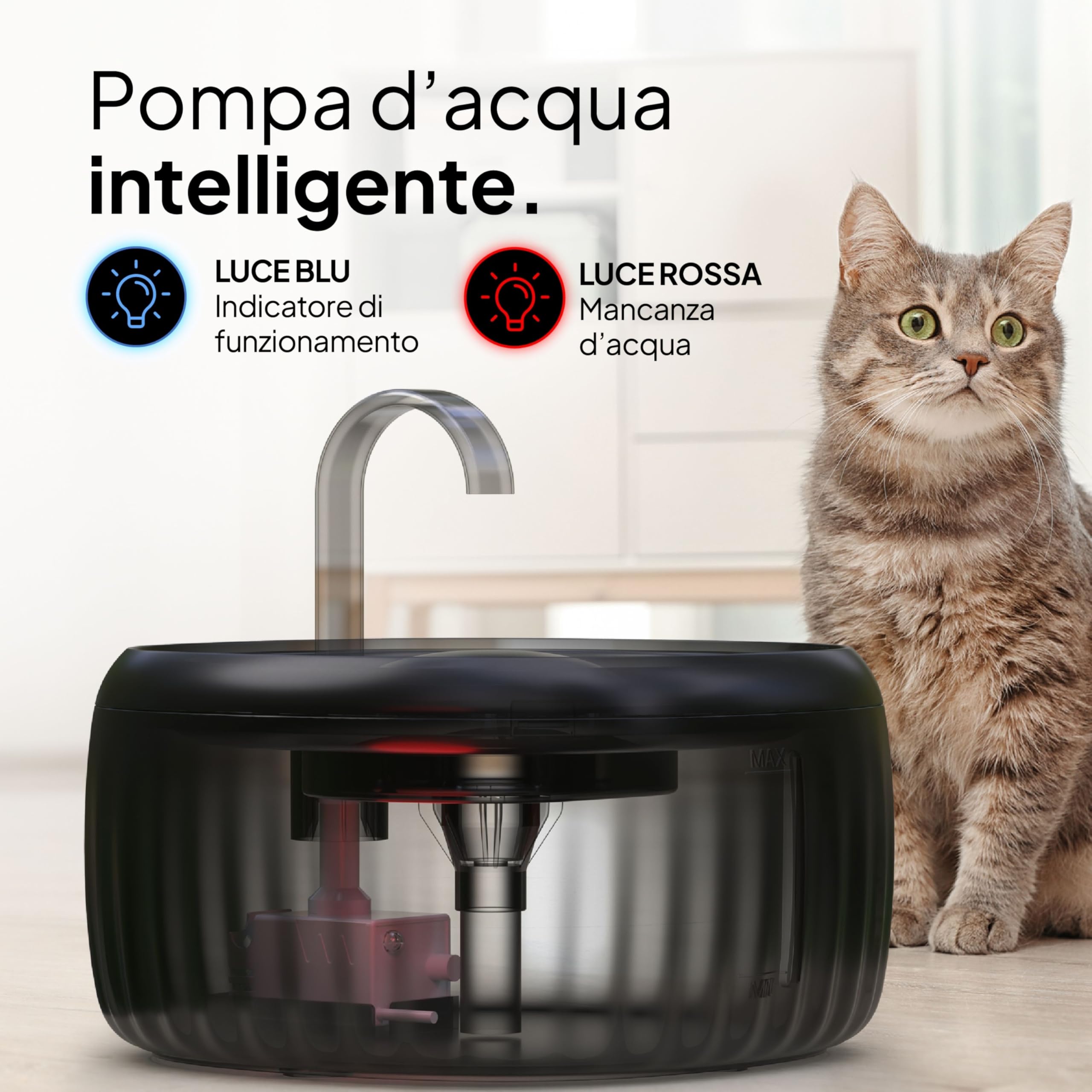 Pretty Paw Fontanella Gatti da Interno 3L con Indicatore LED Livello - Dispenser Acqua Gatti Silenzioso con Filtro Carbone Attivo e Resina, Beccuccio in Metallo, BPA Free - Aqua flow Pro (Nero)