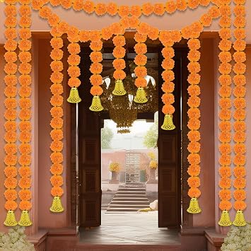 Wavwavw 10 Pcs Marigold Garland for Diwali Decoration Pooja Decoration Items Indian 5 Feet Long Artificial Marigold Flowers for Pooj Dia De Los Muertos Varalakshmi Day of The DeadOrange