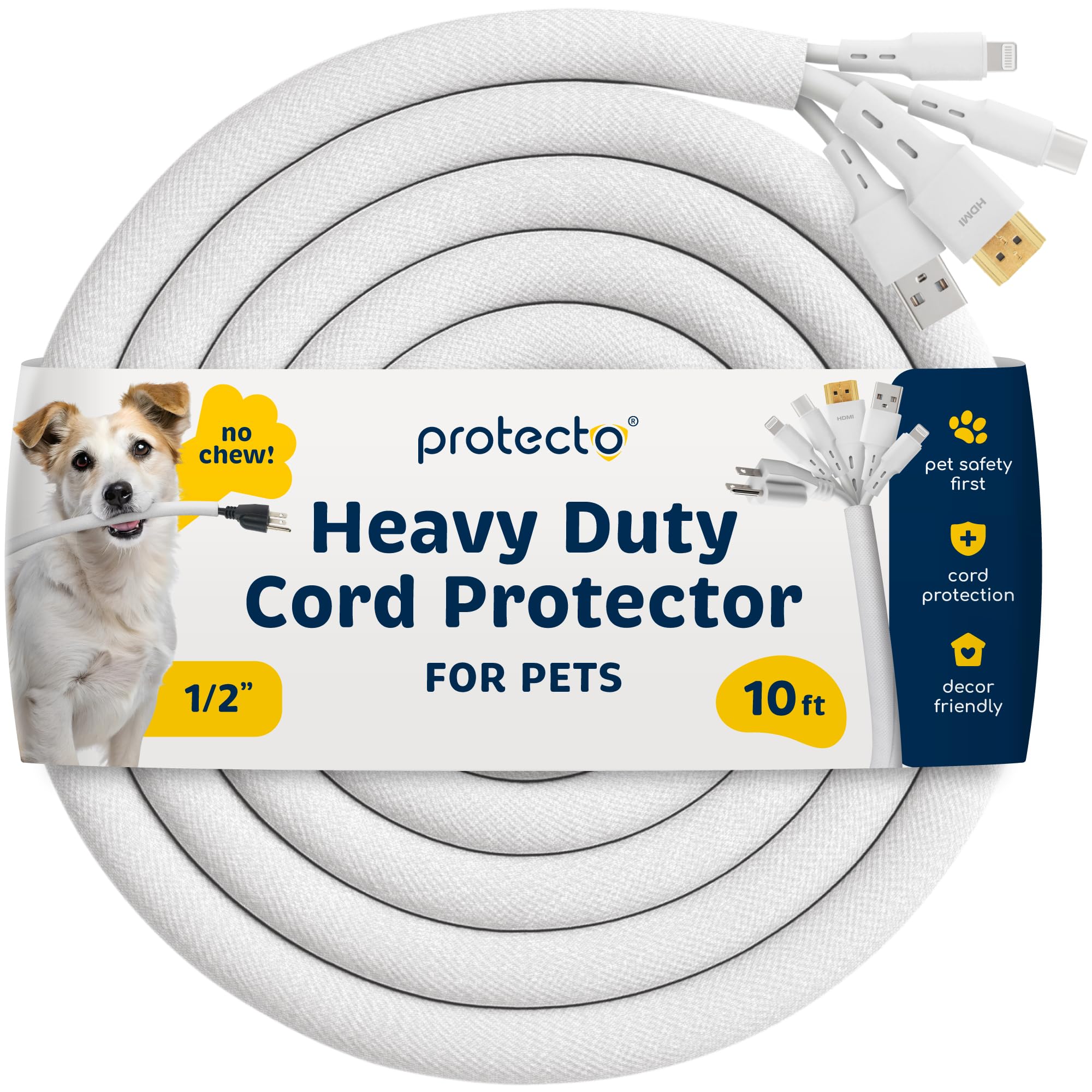PROTECTO Heavy Duty Dog & Cat Cord Protector 10ft Long Sleeve, Easy-to-Use 12mm Cord Cover for Pet, Odorless White Color, No Chew Solution for Power, Audio & Video Wire Tubing, Fits 6-8 Cables — image 1