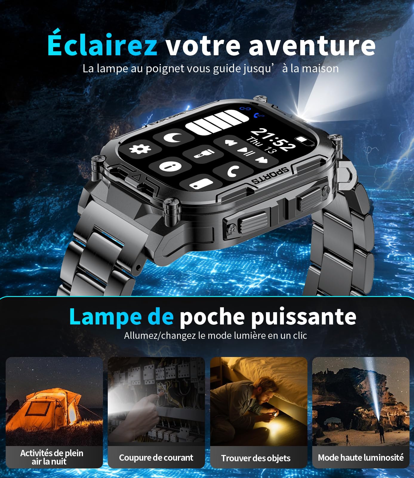 SUNKTA Montre Connectée Homme,1000mAh Longue Autonomie Batterie/1.7‘’ Grand Écran avec Appels/Lampe de Poche/IP68 Étanche Fréquence Cardiaque/Pédomètre,3 Bracelet Smartwatch pour Android iOS