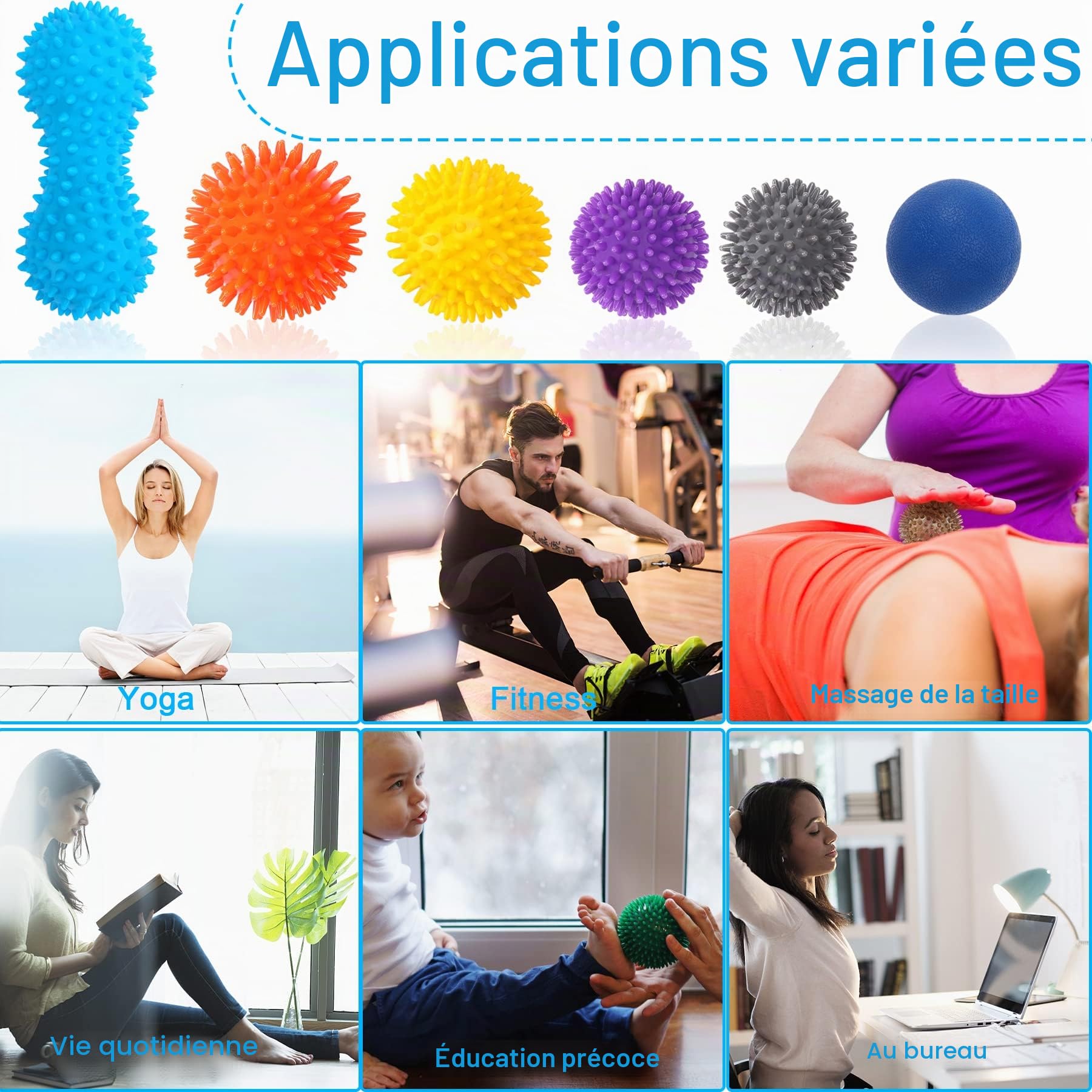 SANNIX Balles de Massage Lot de 6 Balles à Picots Anti-stress Réflexologie Massage de Trigger Point pour le dos Jambes Pieds Mains