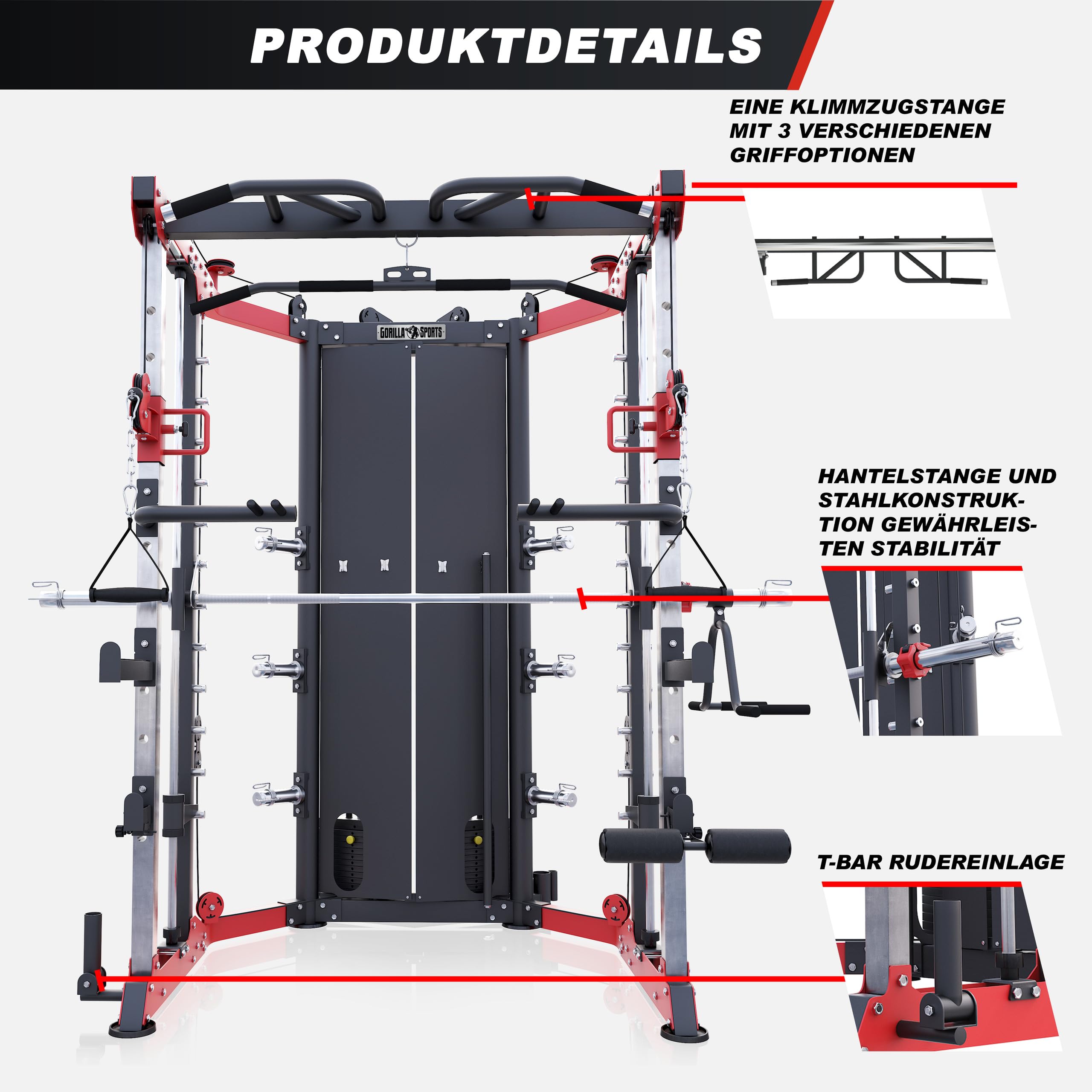 Gorilla Sports® Smith Machine - Barre de Traction à Câble Réglable en Hauteur, Leg Curler, Barre d'Haltères Guidée, Convient aux Plaques 50/51mm - Station Musculation Multifonction, Machine Sport
