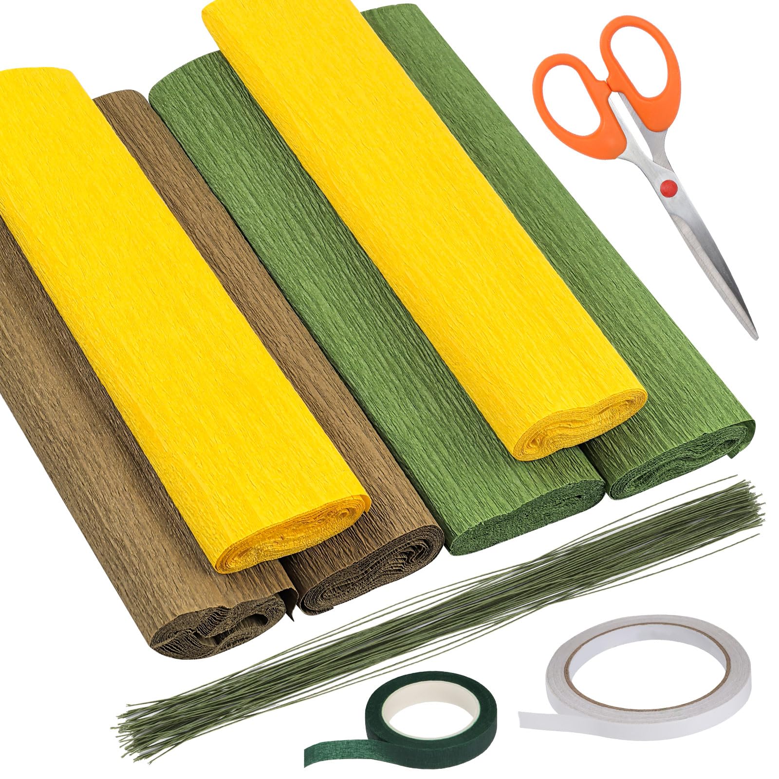 Swpeet 39Pcs 3Colors 9.8 x 98 Inch Crepe Paper Sheets Rolls with Floral Stem Wire, Floral Tape, Double-Sided Tape and Scissors Assortment Kit, 8.2ft Floriation Arrangement Kit for Party Decoration