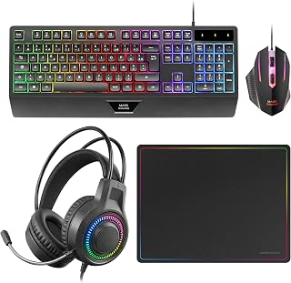 Mars Gaming MCP124PRO, Gaming Combo 4i1, RGB H-Mech Keyboard with Wrist Rest, RGB Mouse 3200DPI and HUANO Switches, FRGB Headset, Nanotextile Mouse Mat 14x10.2 inches, Multiplatform, French, Black