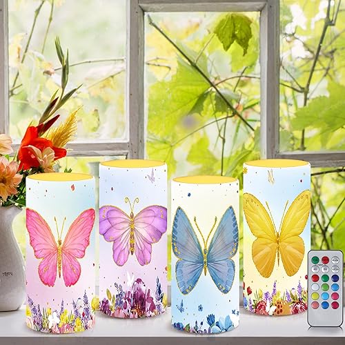 Miniatura 1 de Tiamon Velas LED de mariposa sin llama, funciona con pilas, velas parpadeantes moradas con temporizador remoto de 18 teclas para jardín, flores,