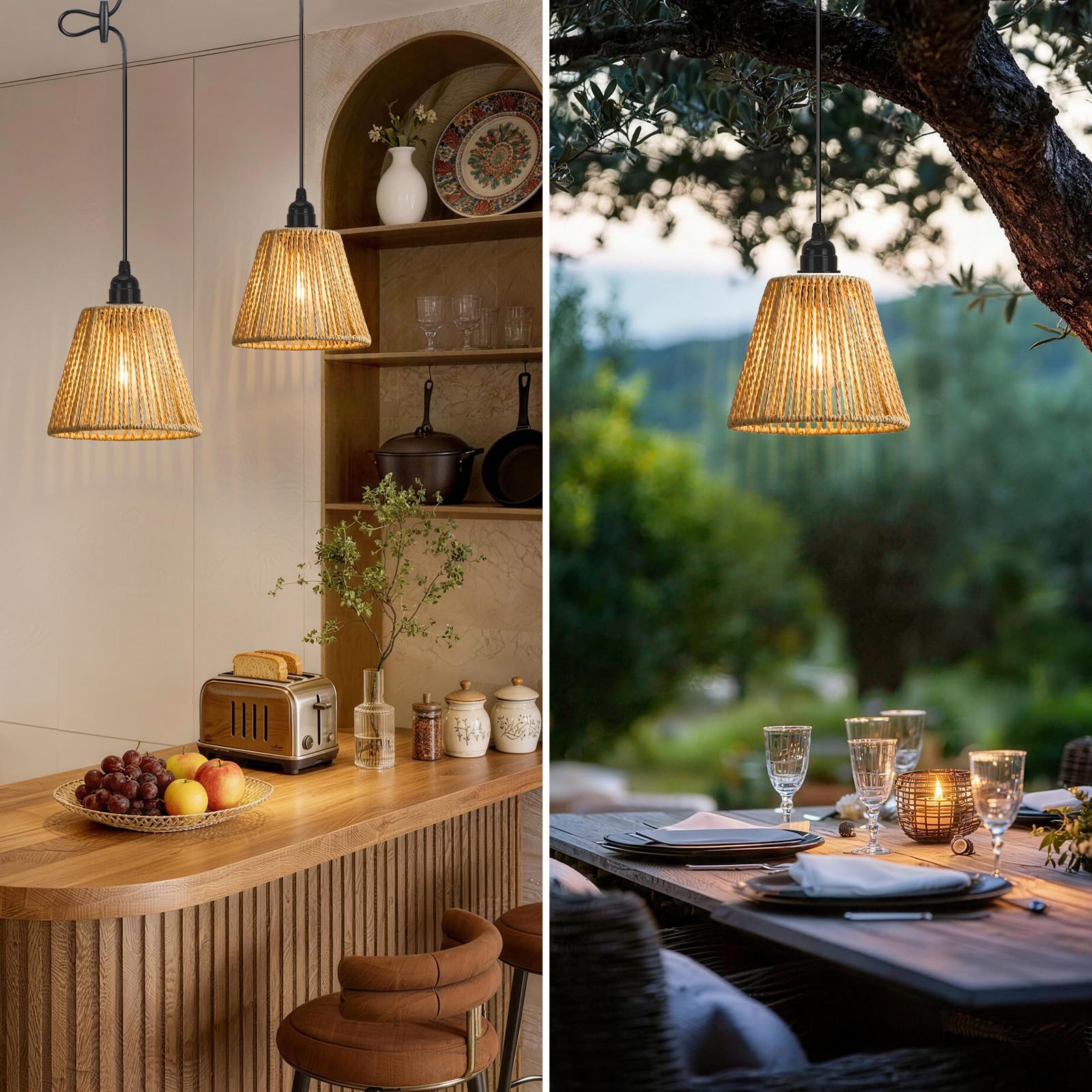 Lightess 3x Pendelleuchte Akku Hängelampe dimmbar Hängeleuchte Boho IP65 | Rattan-Lampenschirm, ohne Stromanschluss, Fernbedienung dimmbar 4 Stufen & Timer für Garten, Terrasse, Schlafzimmer, Esstisch