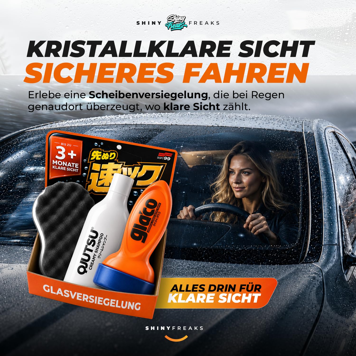 Glasversiegelung Set: Soft99 Glaco QAD (120ml) Scheibenversiegelung Auto + QJUTSU Creamy Shampoo (750ml) + Autoschwamm - Regenabweiser für verbesserte Sicht bei Regen | 3-teilig