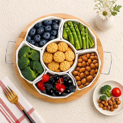 Miniatura 8 de ZENFUN Platos divididos de cerámica de 11.3 pulgadas con bandeja de bambú, bandeja de aperitivo de 6 compartimentos extraíbles, bandeja modular