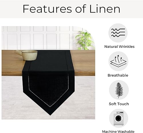 Miniatura 5 de D'Moksha Homes Camino de mesa de lino negro de 60 pulgadas de largo, camino de mesa de lino 100% puro con diamantes de 14 x 60 pulgadas, lavable a