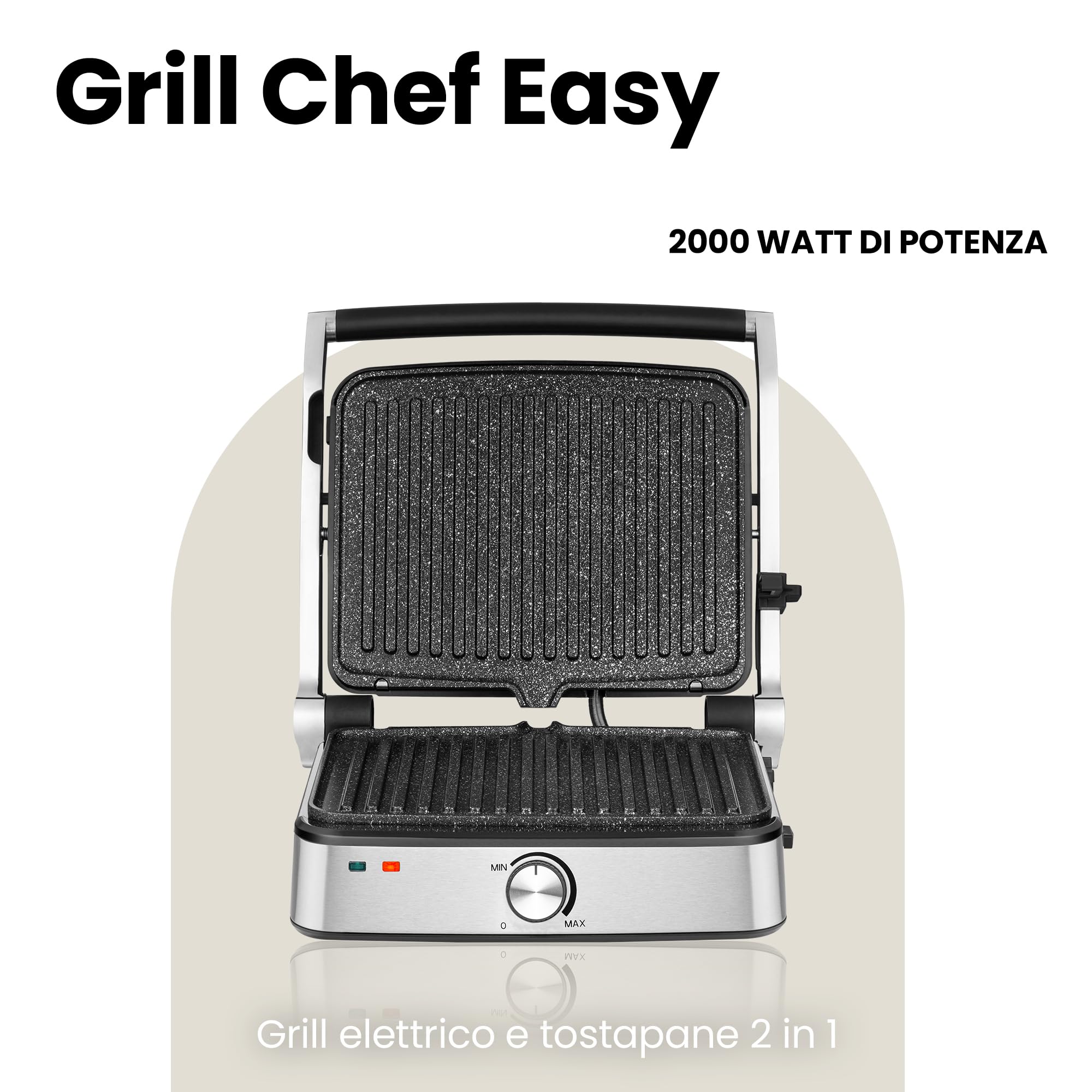 Zeegma Grill Chef Easy - Grill Elettrico 2 in 1 e Tostapane Panini, Potenza 2000W, Superficie Antiaderente in Ceramica, Regolazione Temperatura e Inclinazione, Piastre Removibili Lavabili in Lavastovi
