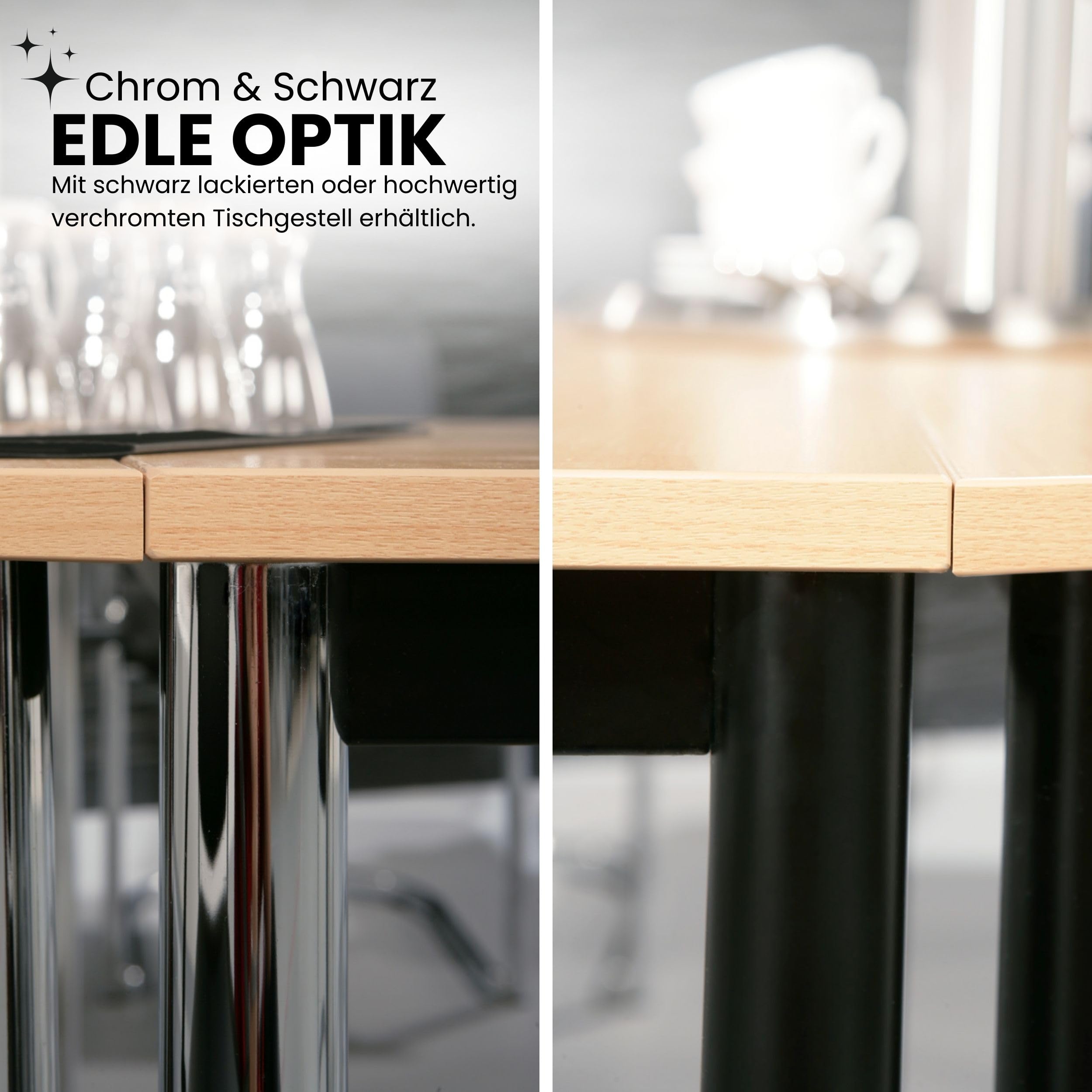 bümö Multifunktionstisch Buche, Tisch 160 x 80 cm, Tischfuß verchromt - einfacher Tisch, Besprechungstisch System D-Serie, Konferenztisch, Meetingtisch, Mehrzwecktisch, Pausentisch