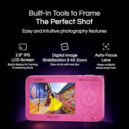 Miniatura 3 de Minolta Cámara digital de 48 MP, video HD 4K ultra delgado, pantalla LCD IPS de 2.9 pulgadas, lente de enfoque automático con estabilización de