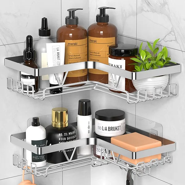 KEGII Corner Adhesive Shower Caddy, Rustproof Shower Shelf with Soap Holder & 14 Hooks, No Drilling Bathroom Rack Storage, Stainless Steel Organizer for Bathroom