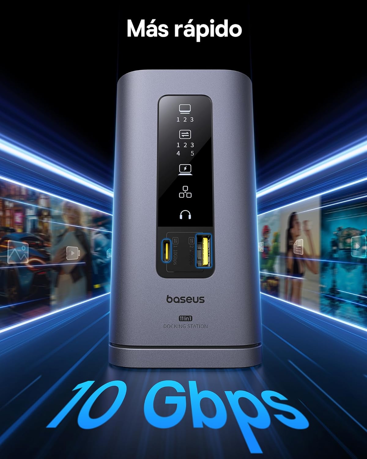 Baseus Spacemate Displaylink Docking Station USB C, 11 en 1, 3 Monitor 4K, 10Gbps USB-C/A, PD 100W, Ethernet, Audio, para M1/M2/M3/Win y MacOS 8