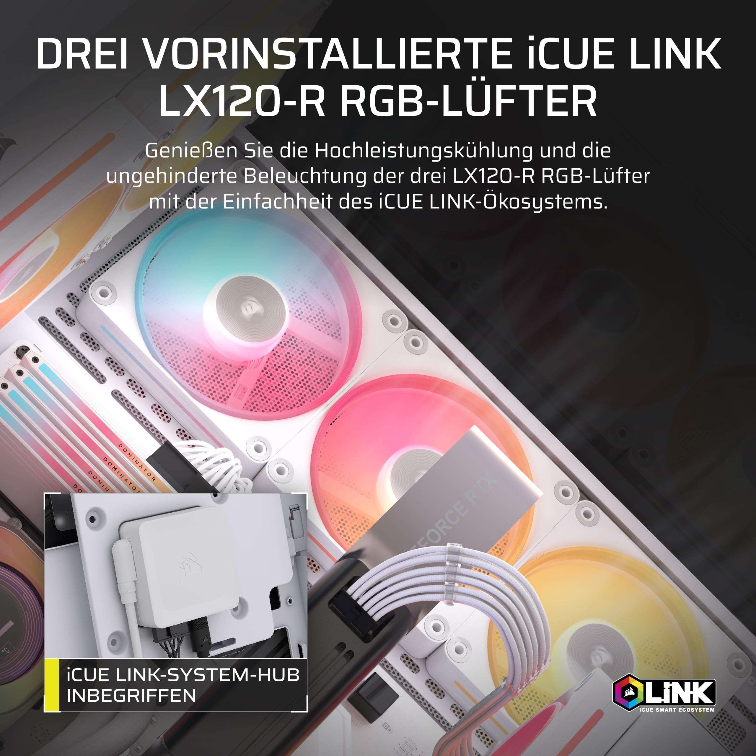 CORSAIR 3500X LX-R RGB iCUE LINK Panoramaglas Mid-Tower-PC-Gehäuse – 3 x LX120-R RGB-Lüfter und iCUE LINK System Hub Inklusive, GPU-Anti-Sag-Arm, Platz für bis zu 10 x 120-mm-Lüfter – Weiß