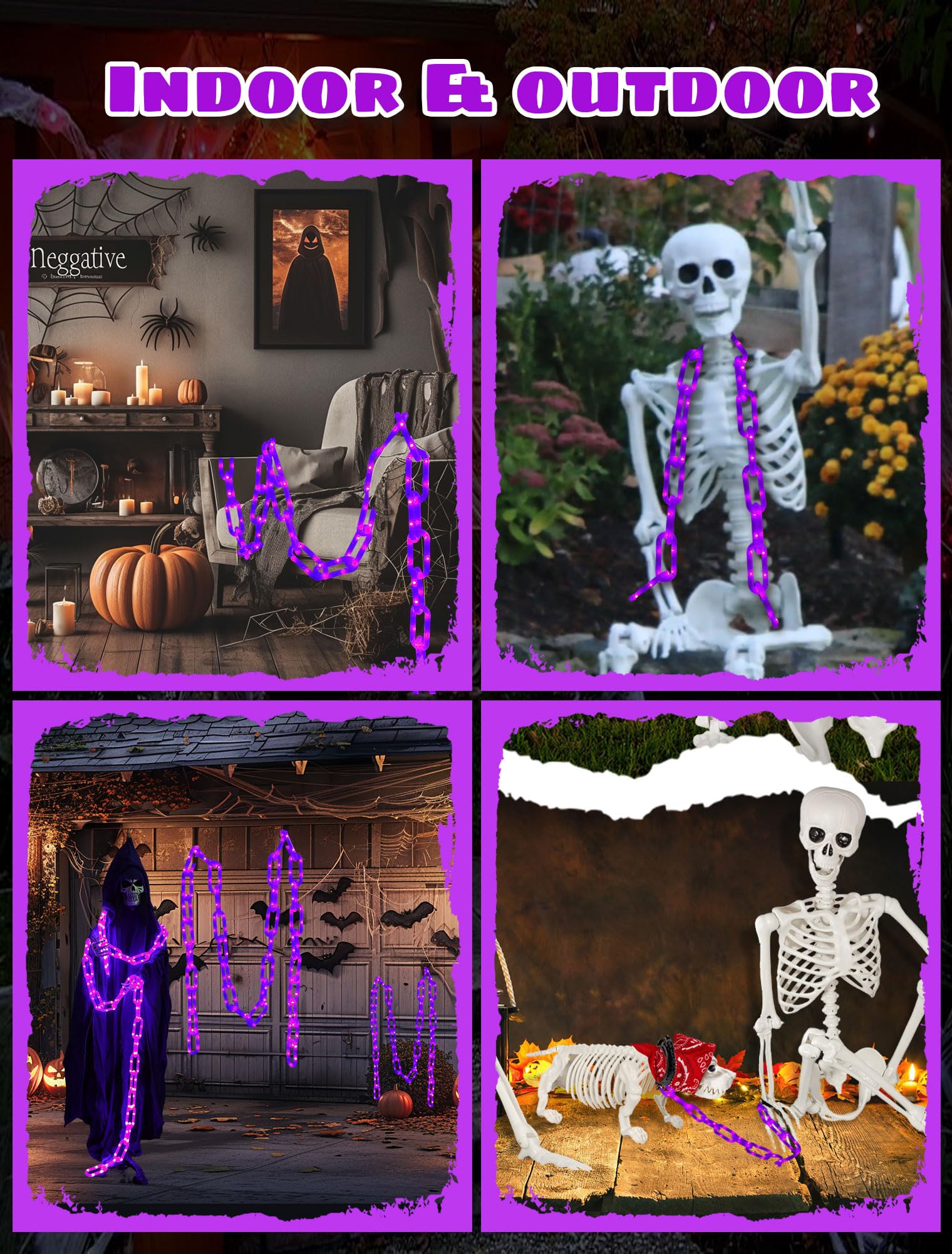 Catena di luci in plastica da 3 m per decorazioni di Halloween, USB e batteria, 175 luci a LED con timer, luce viola, 8 modalità impermeabili, per Halloween, interni ed esterni, decorazione per