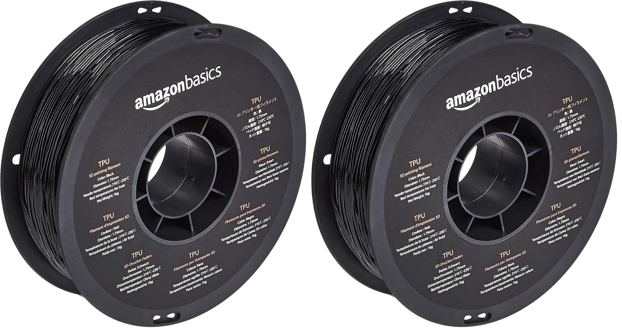 Amazon Basics Filamento per stampanti 3D, in poliuretano termoplastico (TPU), 1.75 mm, nero, bobina da 1 kg (Confezione da 2)