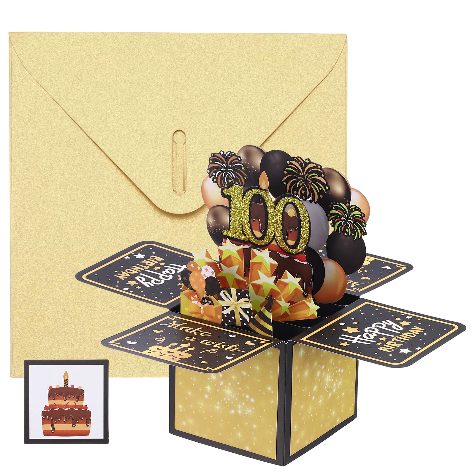 YOKIVE 1 Pcs 3D Birthday Card, 100th Fold Out Birthday Card with Envelope and Small Card for Birthday Party Anniversary Celebration Surprise Greeting Gift, Black Gold Tone