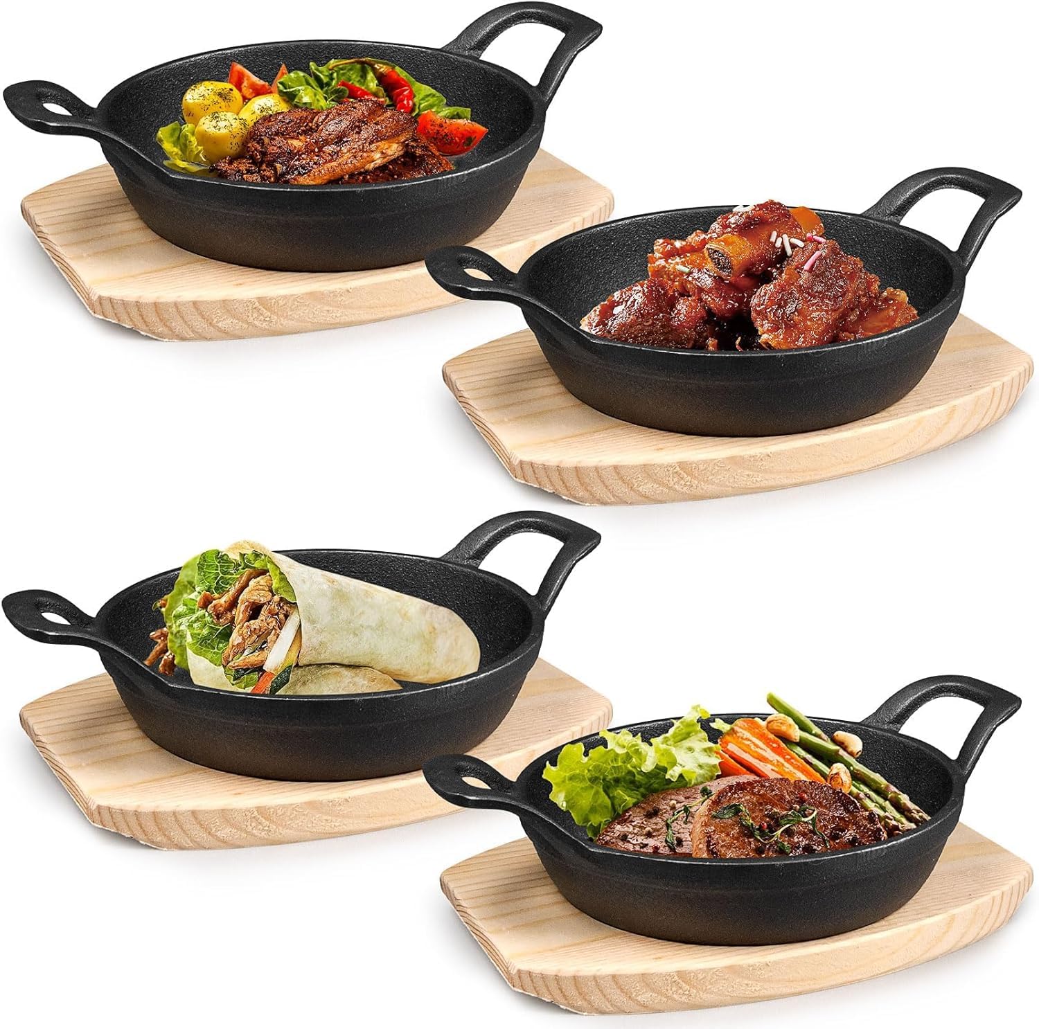Juego de 4 sartenes de hierro fundido 16 cm - Estufas redondas con base de madera - Placas fajitas antiadherentes para horno y servicio caliente interior exterior