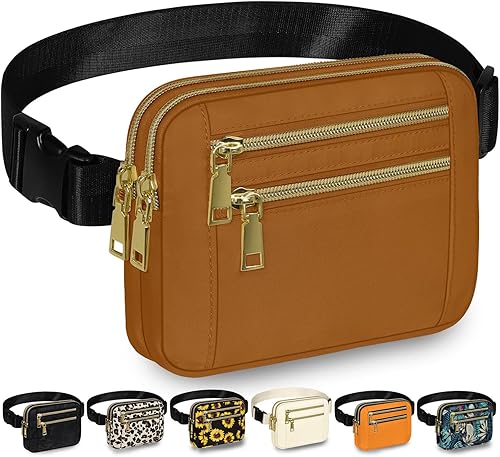 Riñoneras para mujer con correa ajustable y 4 bolsillos con cremallera, impermeable, para entrenamiento, correr, viajar, Marrón, Riñonera casual