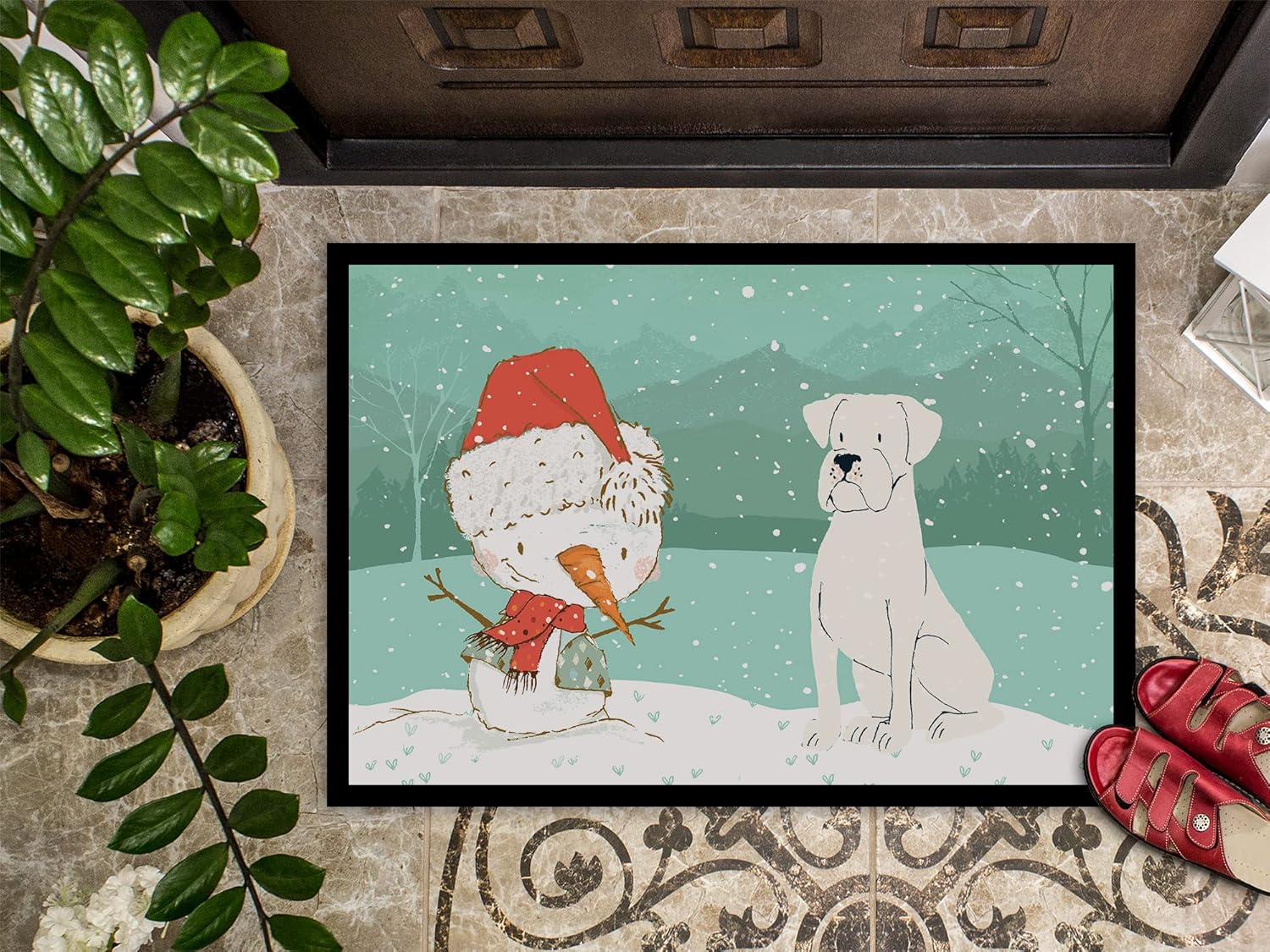 Caroline's Treasures CK2034JMAT White Boxer and Snowman Christmas Doormat 24x36 Front Door Mat Indoor Outdoor Rugs for Entryway, Non Slip Washable Low Pile, 24H X 36W