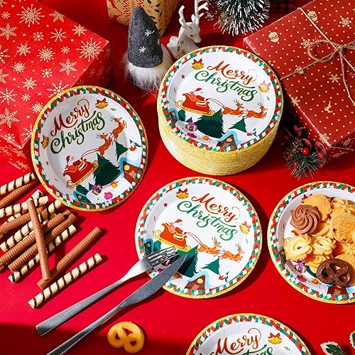 Miniatura 4 de Shellwei 100 platos de papel de Navidad de 7 pulgadas, platos redondos de Navidad, platos desechables, suministros de fiesta para Navidad, temporada