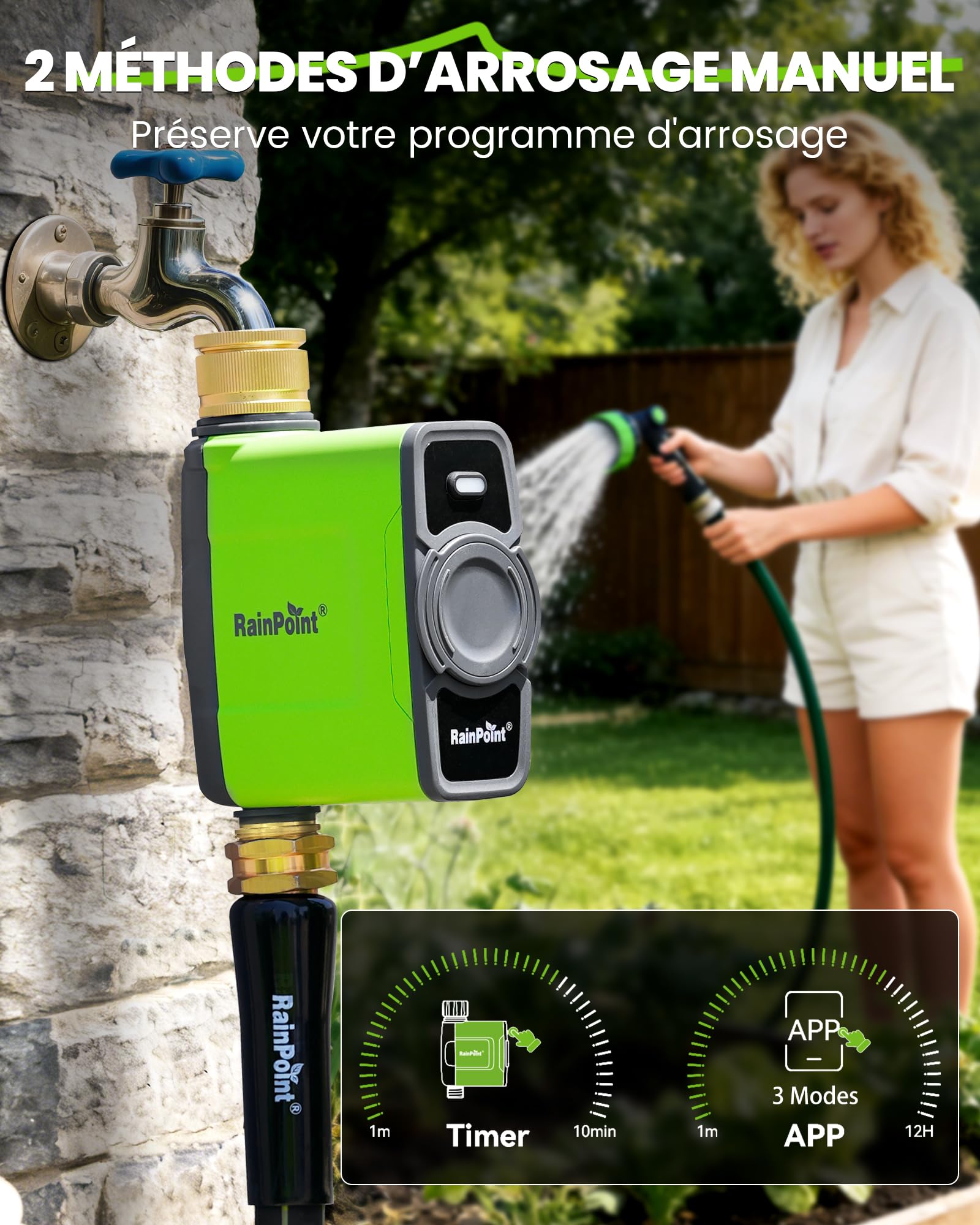 RAINPOINT Programmateur Arrosage WiFi sans Passerelle d'antenne, Doit être utilisé avec la passerelle HWG023/HWG040, Seulement 2,4 GHz, Étanche IP65 Minuteur Arrosage, Entrée et Sortie en Laiton