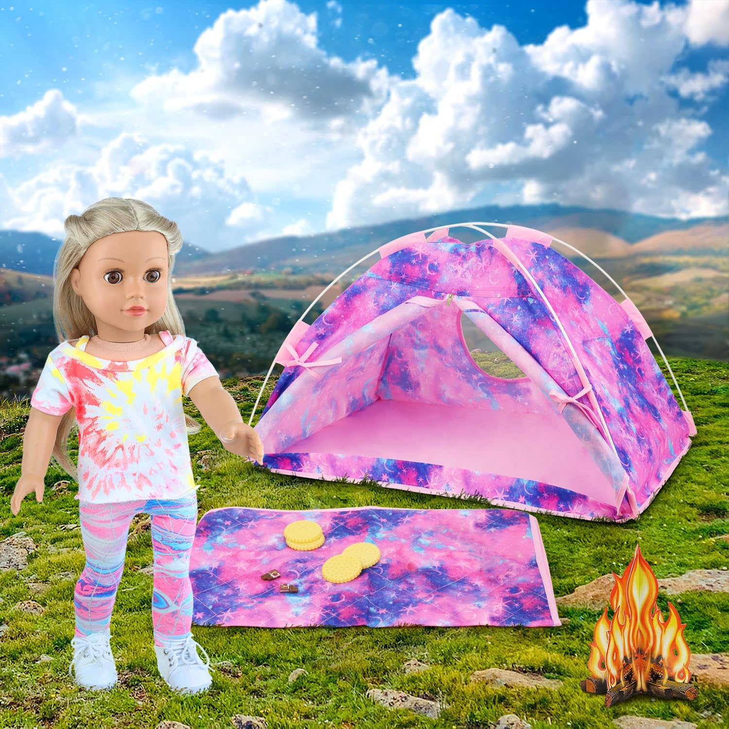 Ecore Fun 11 Items 18 inch Girl Dolls Camping Tent Set and Accessories Including 18 Inch Doll Camping Tent Clothes Set Campfire Chocolate Biscuit etc