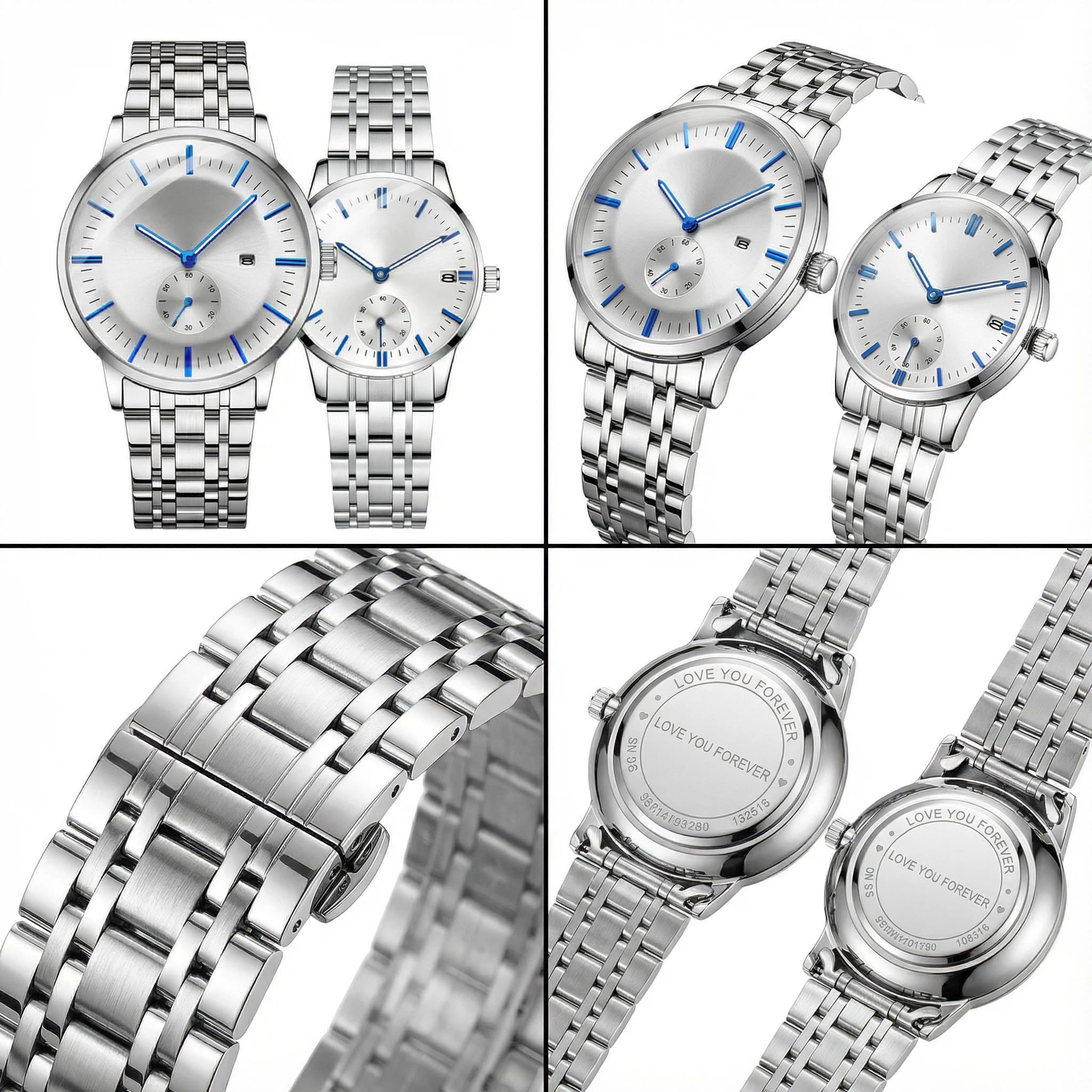 Wasserdichte Armbanduhr für Paare, Uhren, Armbänder, Damen und Herren, mit Armband aus Edelstahl und Datumsanzeige