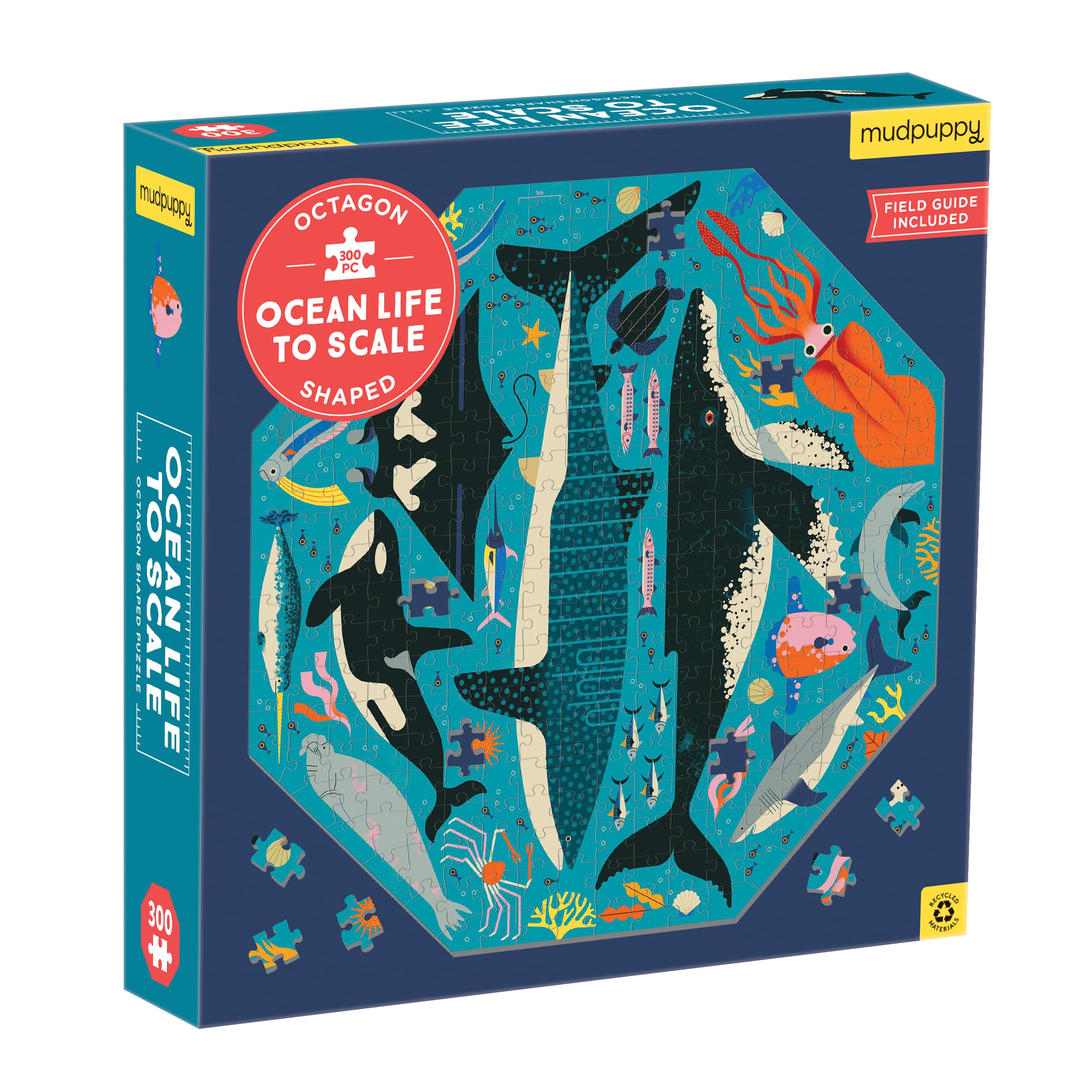 Mudpuppy's Ocean Life to Scale 300 Piece Octagon Shaped Puzzle, Multi-Directional Artwork can be Pieced Together from Any Side, for Ages 7+, Perfect for Family Puzzling!, Puzzle Image Insert Included