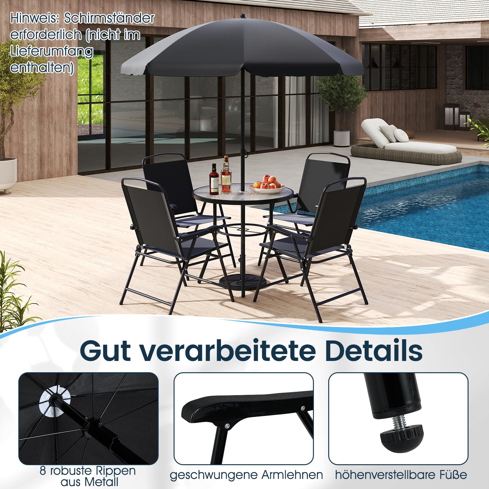 COSTWAY Gartenmöbel Set, Gartentisch mit 4 Stühlen und Sonnenschirm, Terrassenmöbel, Balkonmöbel, Gartenset, Gartengarnitur, Sitzgruppe für Terrasse, Balkon, Garten