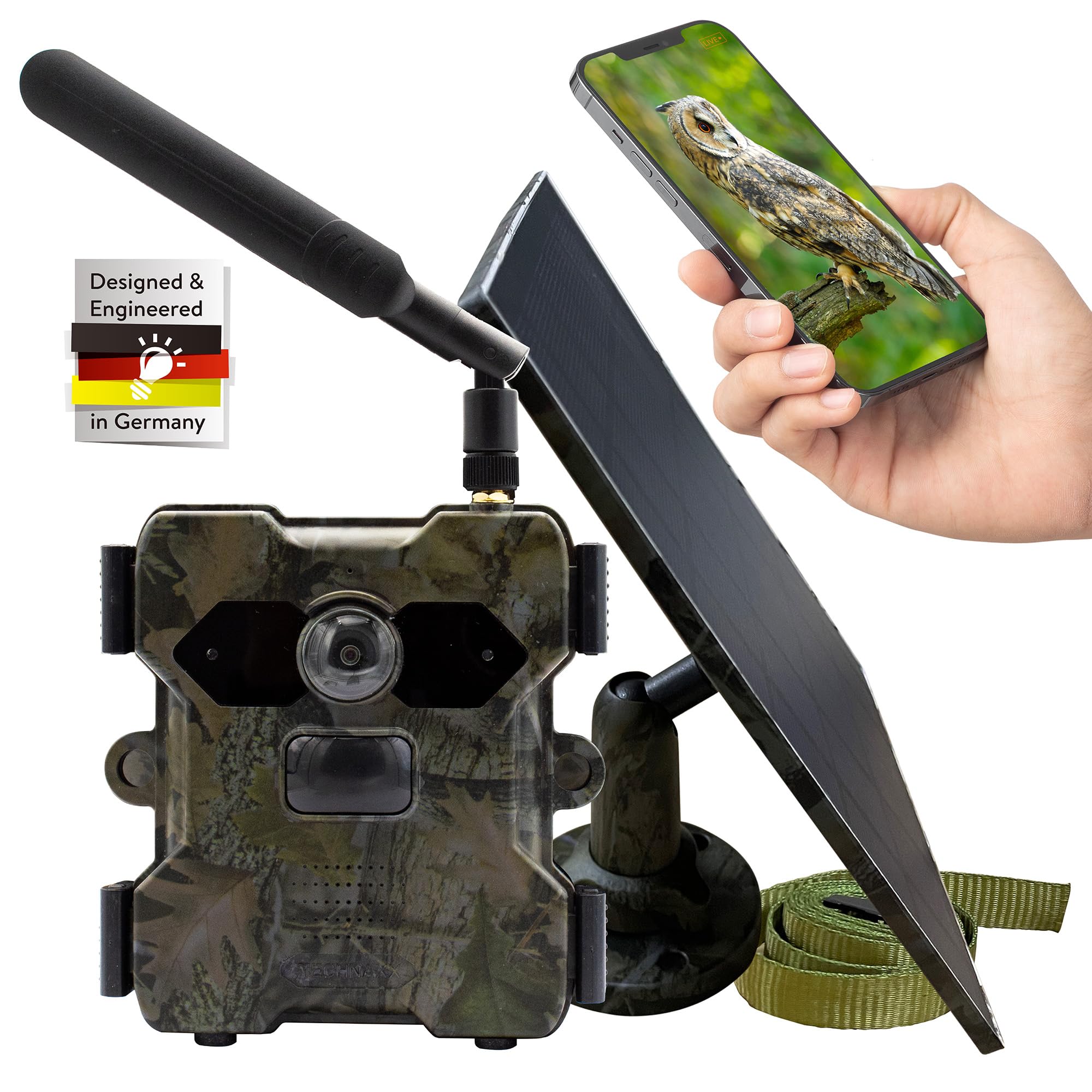 Technaxx Wildcam 4G TX-189 + Panel Solar de 5 W - 4 MP FullHD, detección de Movimiento PIR de hasta 12 m, batería de 18000 mAh, visión Nocturna, conexión a la Red móvil 4G, ángulo de visión de 100°